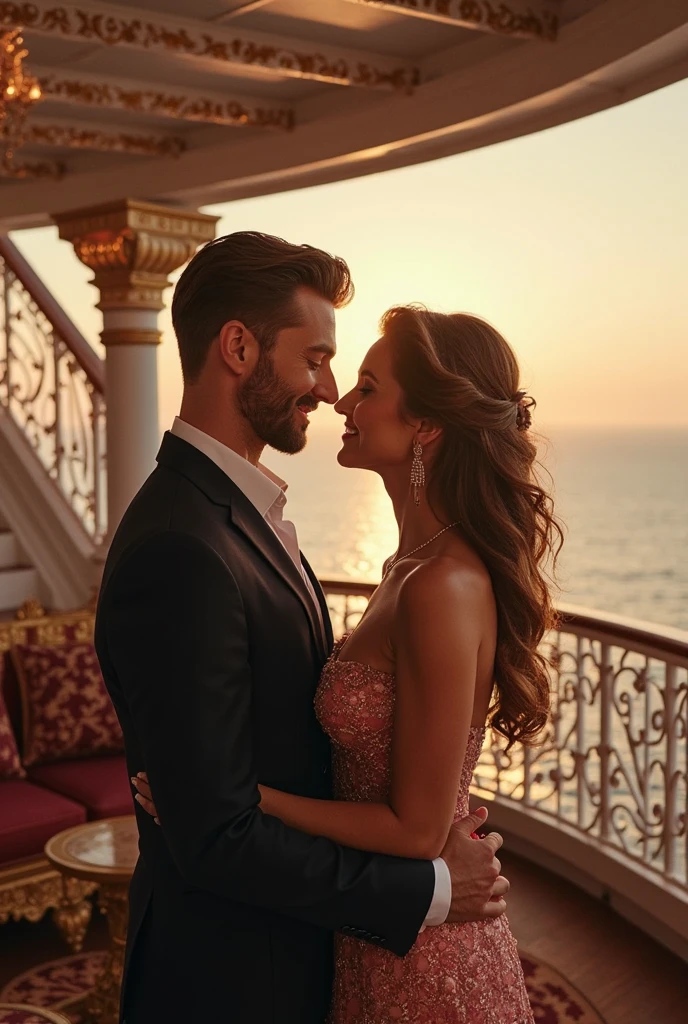 they are standing on a deck looking at the ocean, romantic couple, gorgeous romantic sunset, epic romance, romance, dreamy and romantic, romantic, bathed in golden light, by Jakob Gauermann, romantic scene, by Sigmund Freudenberger, beautifully backlit, by Thomas Häfner, high quality photos, couple kissing, warm glow