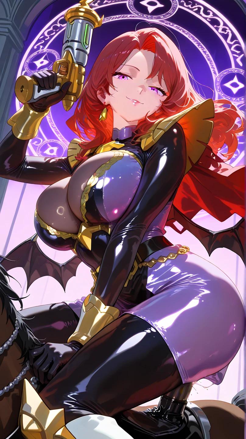 NSFW, masterpiece, 1girl, ((bimbo)), succubus, puffy lips, painted lips, thick lips. scarlet red hair, thick hips, thick thighs, bursting breasts, Demon lewd outfit,black clothes, croach tattoo, large massive breast, Demon wing, succubus tail, horns, fantasy city at night, medieval fantasy, prostitutes at the bottom, palace in the background, night club. Light from within,