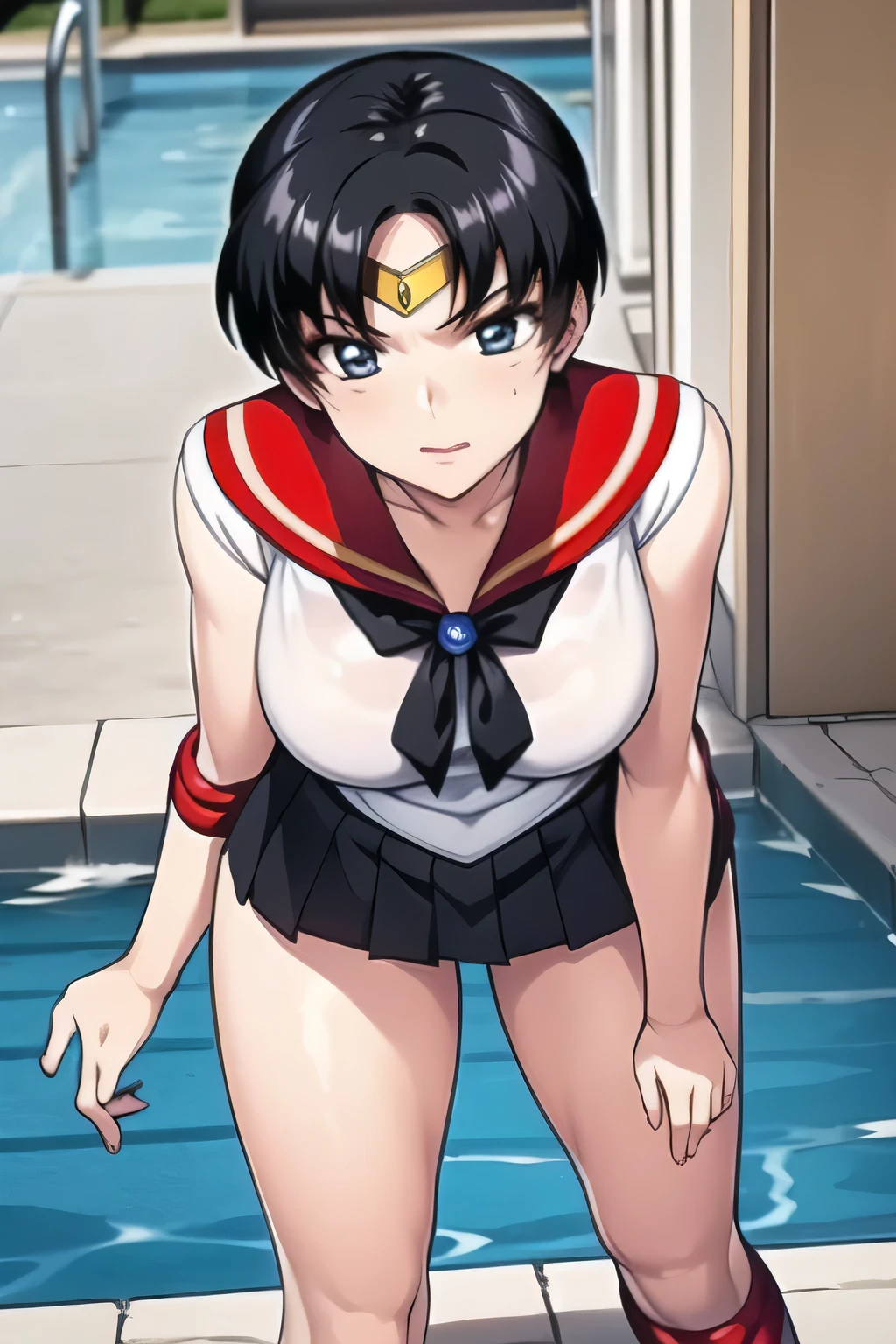 black hair,sailor moon costume posing,Thigh to Head,Black pleated micro mini skirt around the neck,black boots,beautiful legs,big boobs,big boobsでもウエストが細い,Please accurately draw the details of human hands and legs,Don't trim your face because facial expression is a top priority,I am alone,in an outdoor pool facility,standing in the teacher's house,from below,Beautiful legs,Splendid Thighs,Big Breasts,
