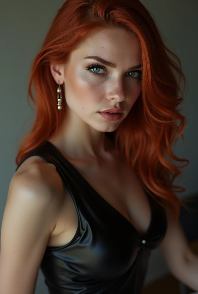 Redhead woman wearing black dress