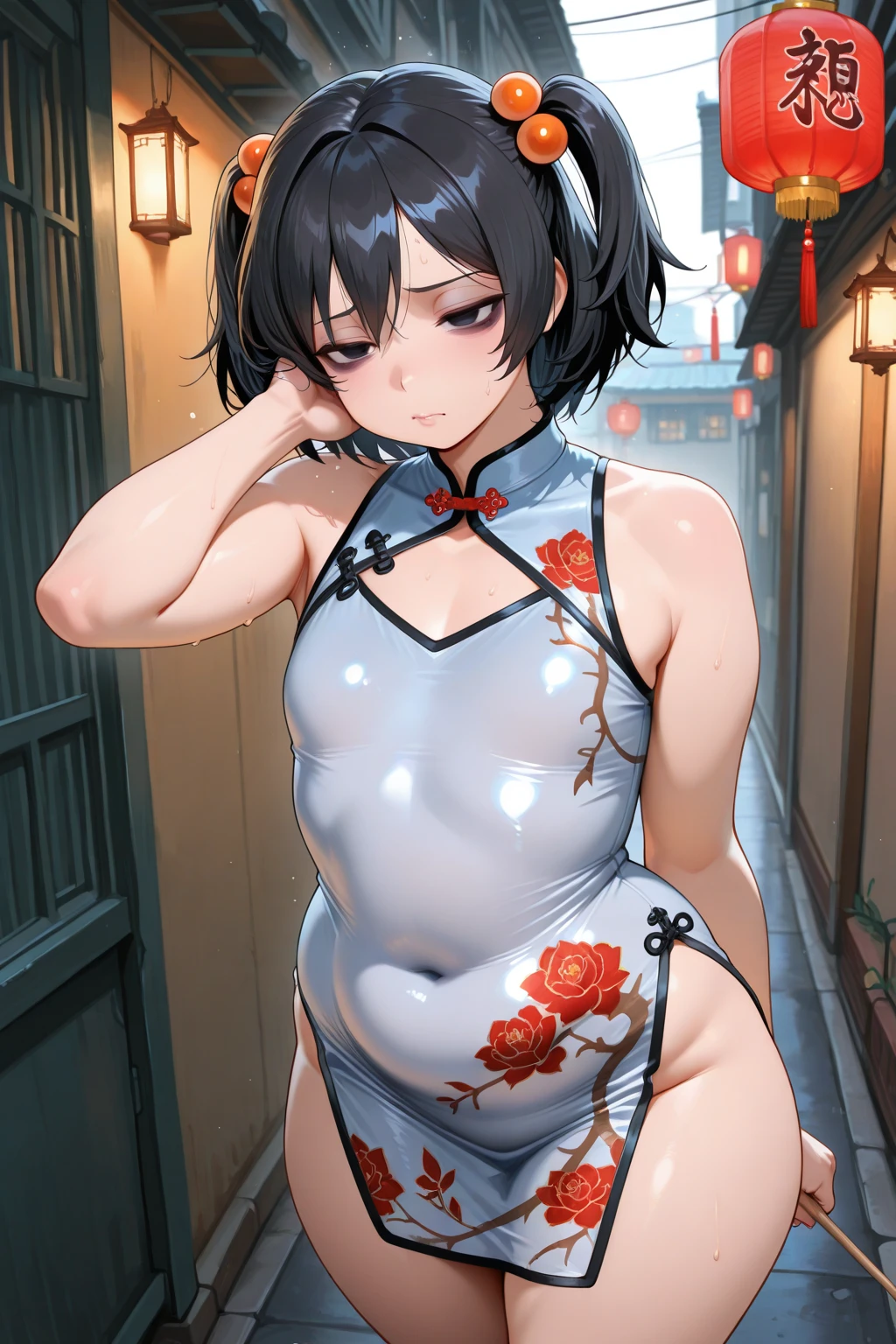 score_9, score_8_up, source_anime, solo, 1girl, dress, small breasts, young, aged down, ikuchan, black hair, black hair, oriental, Chinese dress, short dress, indoors, aftersex, cum drip, (impregnation risk), ovum, nice hips, pussy, ponytail, partially dressed, money,