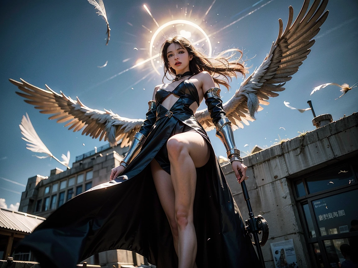 Epic CG masterpiece, HDR, DTM, full HD, 8k, ultra detailed graphic tension, stunning colors, 3D rendering, cinematic lighting effects, Realism, 00 Renderer, full-body photos, woman with angel wings, in a white dirty torn dress with bandages on her arms and legs, Sitting on the roof, sitting against the backdrop of the city lights at night, rain, muted colors, ((masterpiece, Best quality)), high detail, cute face, beautiful long hair, Brown hair
