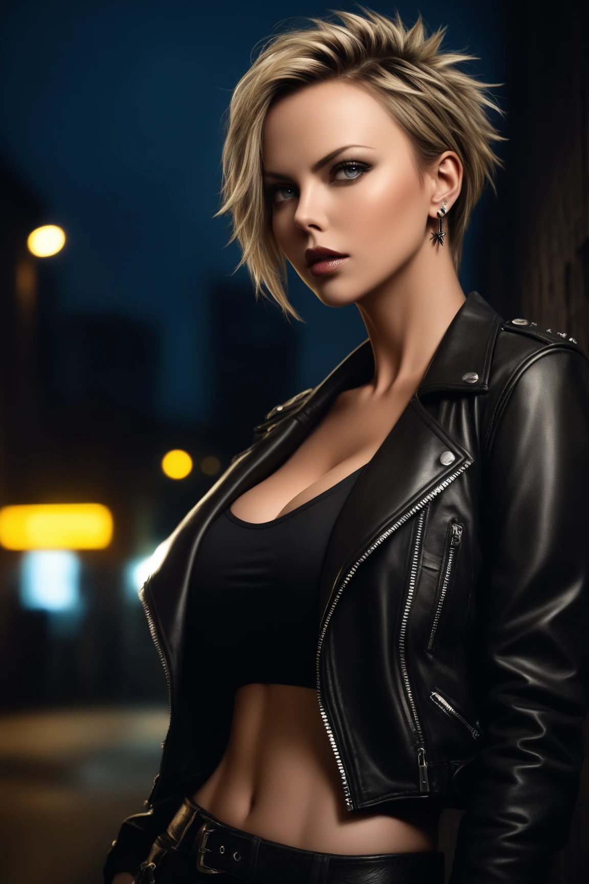 Gorgeous european woman with very short hair, short hair, wet hair, hair slicked back, combed straight back, slick hair, streaked blonde hair, seductive, torn ragged clothes, cleavage, solid dark grey background