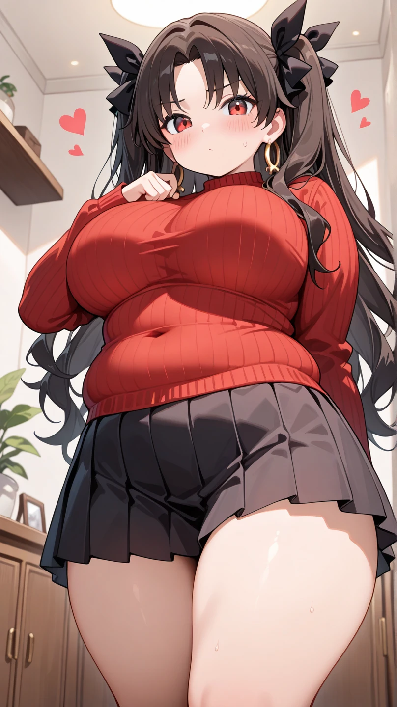 Mature Woman、Black Hair、long hair、Red-rimmed glasses、Super big 、Plump thighs、Red Sweater、skirt、stockings、indoor