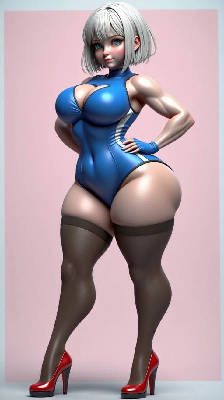 zombie JJessicaMcCarney, short blonde hair, glasses, jewelry, earrings, necklace,cleavage, standing straght, wearing a playboy bunnysuit, exposed legs, small black high heels, large breasts, massive breasts, wide hips, thick thighs, thick legs, bunny ears, gray background, front view, side view, back view, seen from the right, seen from the left, seen from the front, seen from the back