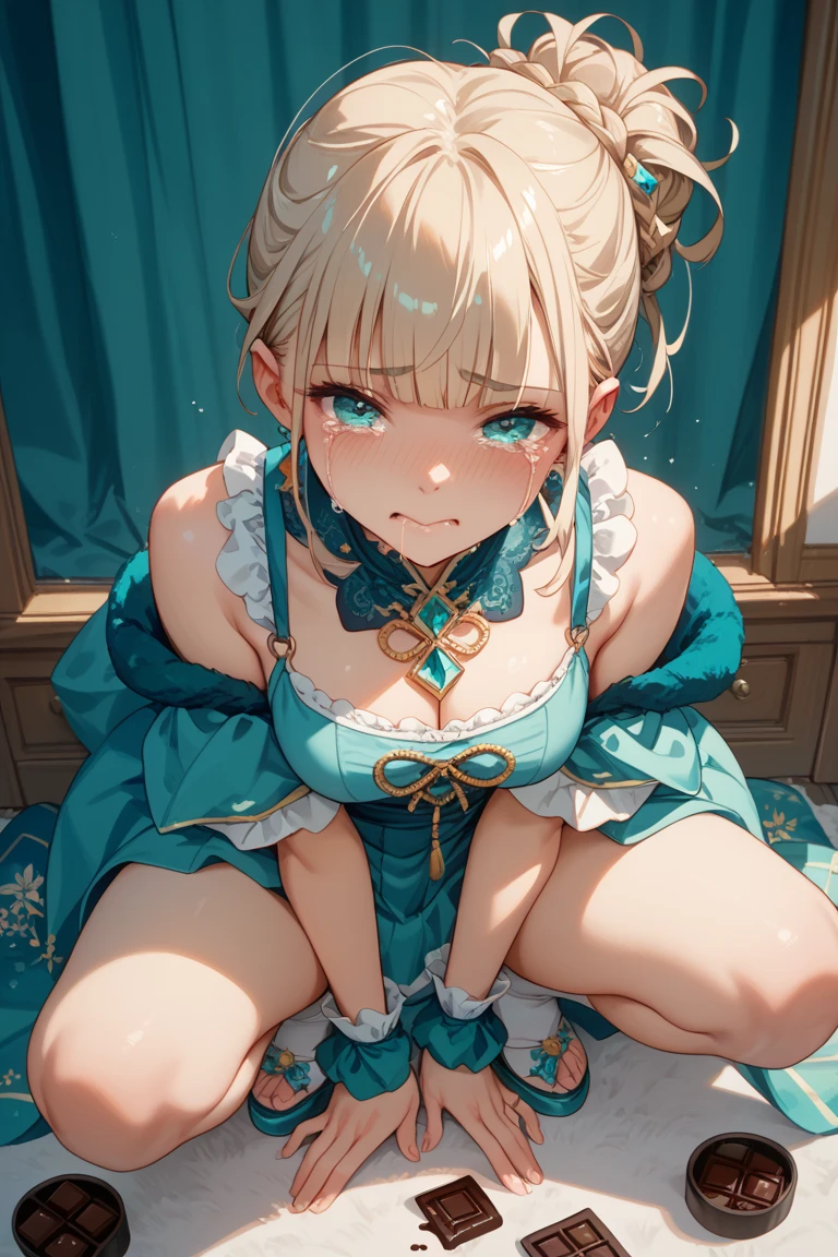 Wearing a light blue maid outfit and spreading her legs、A woman in her 30s whose hands and feet are chained and whose penis is rubbed against her.、Turtle shell tied in chains、close up of crotch,Hand flail、fetters、gargantilha、chains,Angry look、尻穴、cunt、Taken from below、Focus on the crotch、1 Lady, Solo, (masutepiece), Best Quality、bobhair、Beige hair、Freckles on the face、Smaller chest、B Cup、absurderes、masterpiece、top-quality、realisitic、Hyper-detailing、(skin gloss、Sweatiness:1.4)、((Looking at the camera))、(Light blue maid clothes)、long、((Hairstyle that reveals the forehead、a short bob、Beige hair))、dark brown eyes