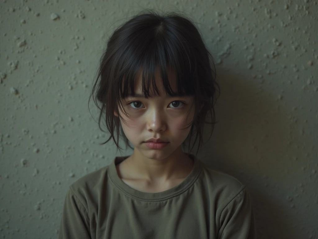 angry ,Japanese,selfie,face zoom,、very young、Come across, Confront、female 、4 years old、attraction、kindergartner、children、close to face, expressionless ,looking at the camera, crying sound,alone , portrait