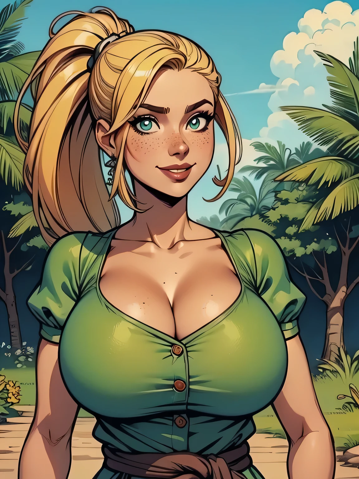SFW,(Best Quality,Unparalleled Masterpiece:1.4),Ultra-Detailed CG 4K,Milf,(Ultra-Detailed Clear Absurdly-Vivid Mint Big Eyes:1.2),Gorgeous Detailed Milf Face(Voluptuous:1.4)Elf(Gigantic Breasts:1.8)(Voluminous Long Blonde Hair: 1.4),ADULT(Bangs, Sidelocks:1.2)Seductive(intricately detailed beautiful dress:1.3)(Zelda)(Celestine Lucullus: 1.2)(Solo:1.4)(1Girl: 0.5)(Facing Viewer:1.2)(arms behind back:1.2)(Cowboy Shot:1.2)(from above:1.1),Skindentation(Curvaceous:1.4)(Curvy:1.4)(Bimbo: 1.4)(Normal Waist: 1.2)(Thick Lips: 1.3)small-nose(light smile: 1.2)Rocks,Trees, Plants,Bush, (shy blushing face:1.4) dynamic pose