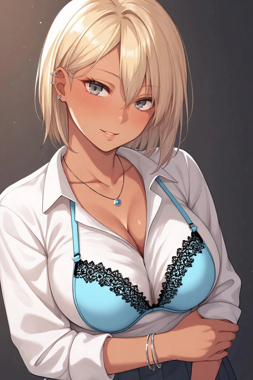 masterpiece， The best quality at the best.， 1 girl， mito ikumi，piel morena bronceada, piel morena bronceada, big breasts，Off the shoulder clothing，Sexy servant，Is shy，smile，with blonde hair， long white hair， （blue eyeballs:1.4)， forehead protection， The cherry trees，Flying cherry blossoms，jean shorts. big tits, bare and muscular abdomen. scantily clad, bare tits. fur. tender, neko kawai cat ears. Ahegao, scantily clad. Wearing a crop top that covers half of her , loose and big but short top, loose top half tits cover. Posing, shy. Sexy perfect female body. underboob, underboob, underboob. fur, fur, fur. Callejon japones de adoquin, casa de madera japonesa a los costados. Collar grueso de mascota puesto, collar grueso de mascota ajustado al cuello, collar grueso de mascota ajsutado. Collar grueso de mascota, collar grueso de mascota, ajustado al cuello, correa de cadena. Correa al cuello, correa, correa, correa de mascota, cadena. Piel morena bronceada.