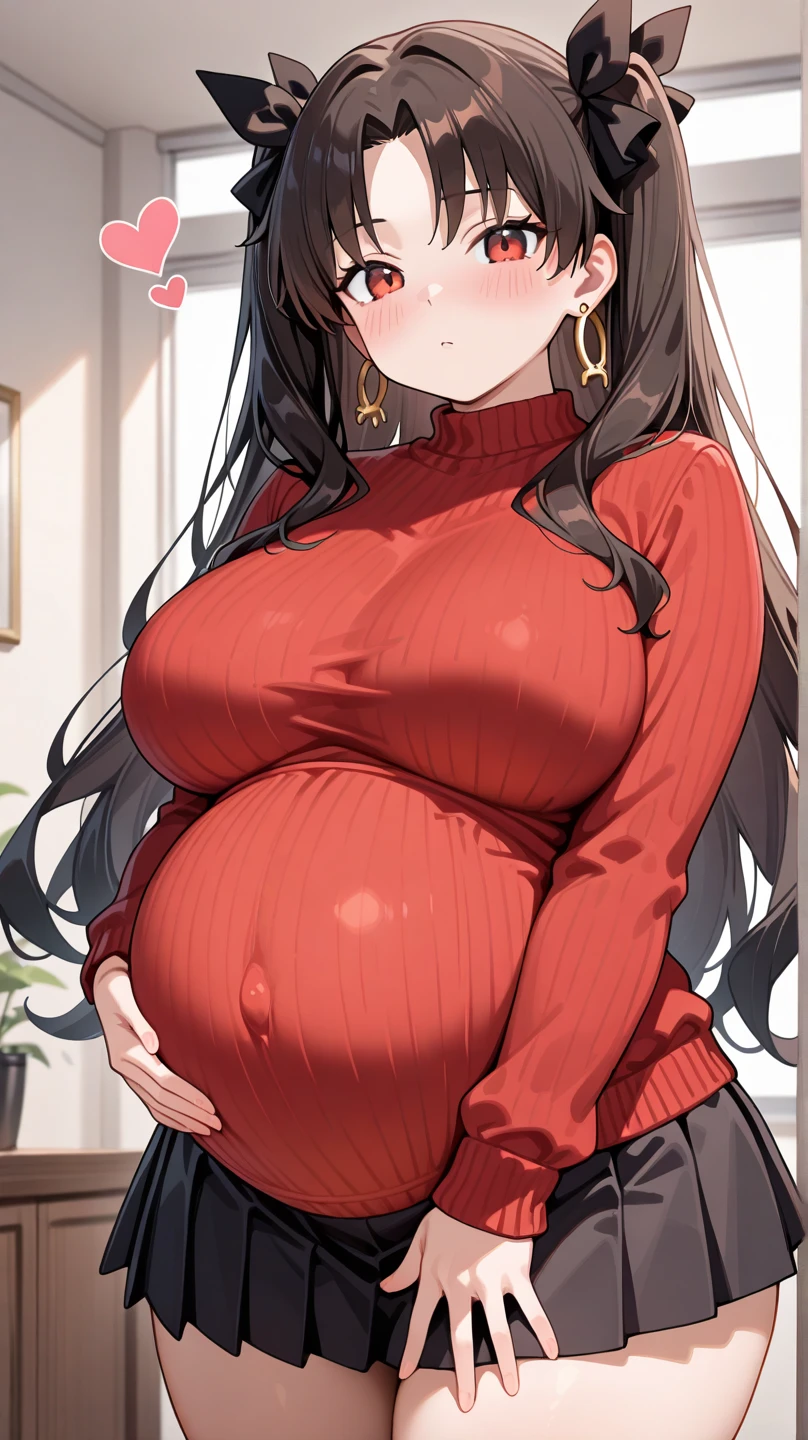 Brown_long_hair, 1girl, hair_over_one_eye, blush_on_cheeks, excited, embarased, ashamed, shy, turned_on, closed_mouth, black_choker, red_shoulder-length_shirt , open_shoulders!! open_breasts!!.tiny_blue_skirt, white_transparent_panties, visible_panties, perfect_quality, perfect_high_resolution, massive_sexy_breasts, thick_thighs, filthy_mind, best noise removal, pussy peek, pregnant under clothes