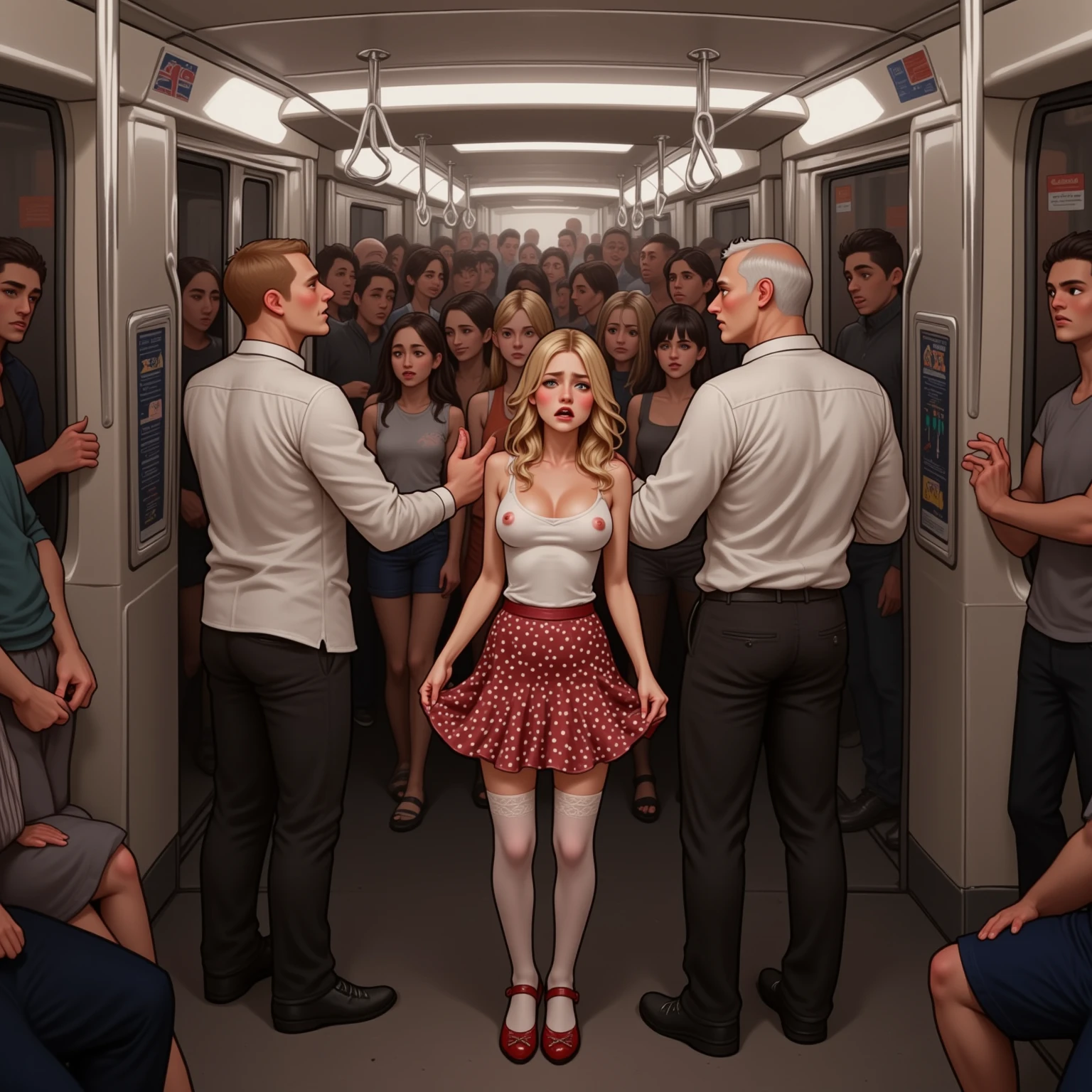 SFW, masterpiece, VERY crowded train detailed scenario, standing hot (woman 1) using sexy mini dress, fear face, blushed face, old small sweaty man ass groping woman 1 from behind,old small sweaty man pressing his chest on woman 1 back and holding her waist