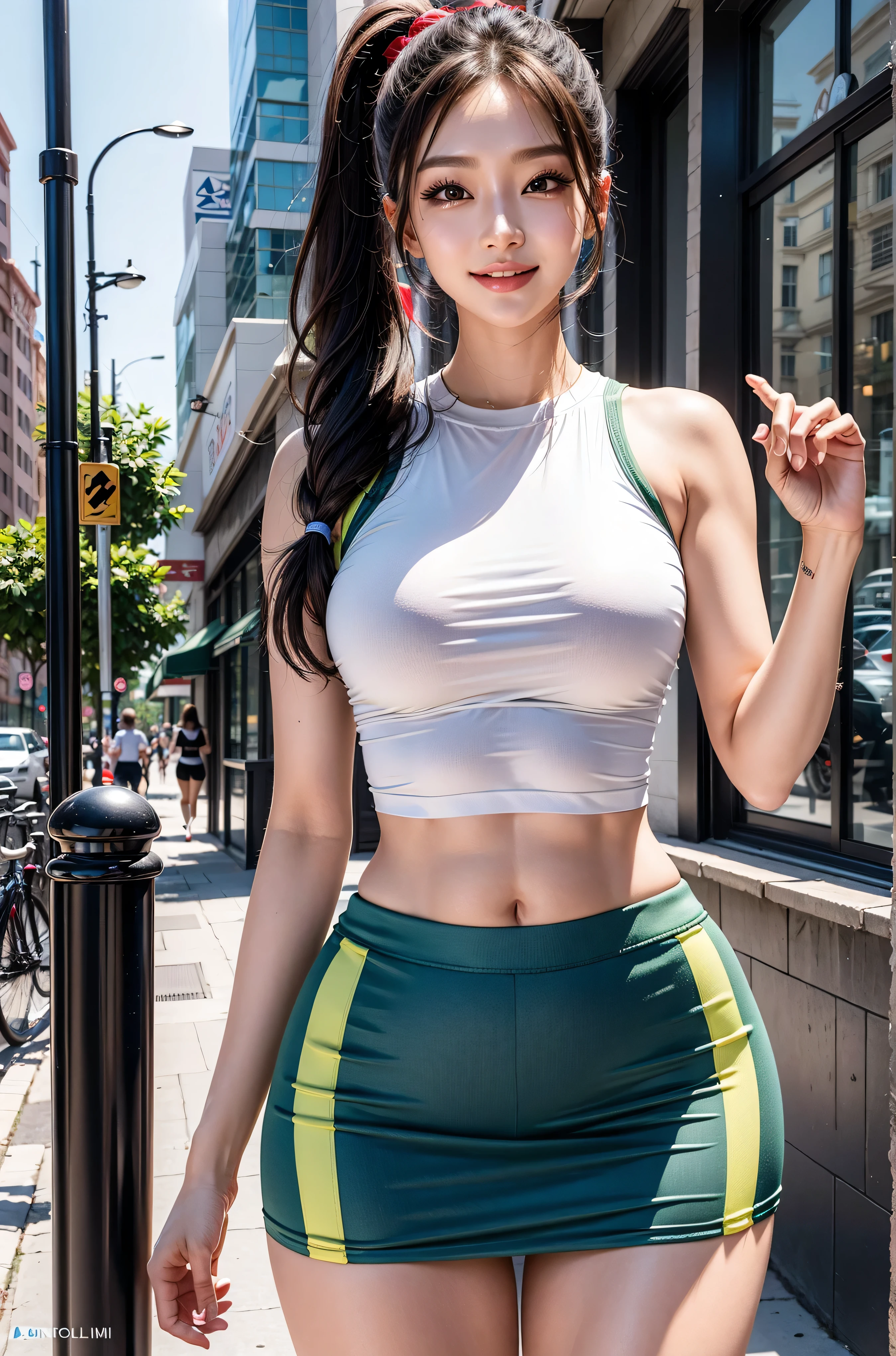 UpsCale variants remove background generation data tips UpsCaling 8k, masterpiece, original photo, best quality, Reality, Extremely detailed CG unified 8k wallpaper, Depth of Field, light, lens flare, Ray Tracing, (Extremely beautiful face, Beautiful lips, beautiful eyes), Complex facial details, ((Super delicate skin)) 1 girl, in the darkness, Deep Shadows, Beautiful Korean girl, Korean Idol,(Very slim and slender body), ((Looking at the audience)),(big Smile), daytime，Akihabara Street, (No people in the background), Beautiful Korean girl,white t-shirt 360g,big breads,wearing an elegant low-cut, White Diamond Earrings, Diamond Bracelet, Deya Necklace, Clear eyes, Walk , front Photo, (Pale skin), Facing forward, (big eyes), ((Upper body shooting)),（Vest line，Muscular hands:1.0），((Leg length),(Thigh gap:1.5),(Big breasts and thin waist,Big Ass,Wide hips，Hip lift),((green leggings)), (Camel toe, Vulva shape), (white t-shirt 360g,big breads,wearing an elegant low-cut,)), (Ponytail) (Looking at the audience), Medium breasts,((Smile))