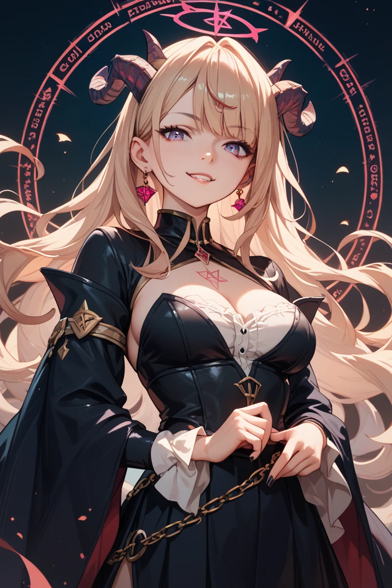 Young, blonde haired girl, medium breasts, black low-cut crop top, fishnet leggings with red bands at the top, purple cloak, gold necklace to draw attention to cleavage, smile, smiling, sexy pose