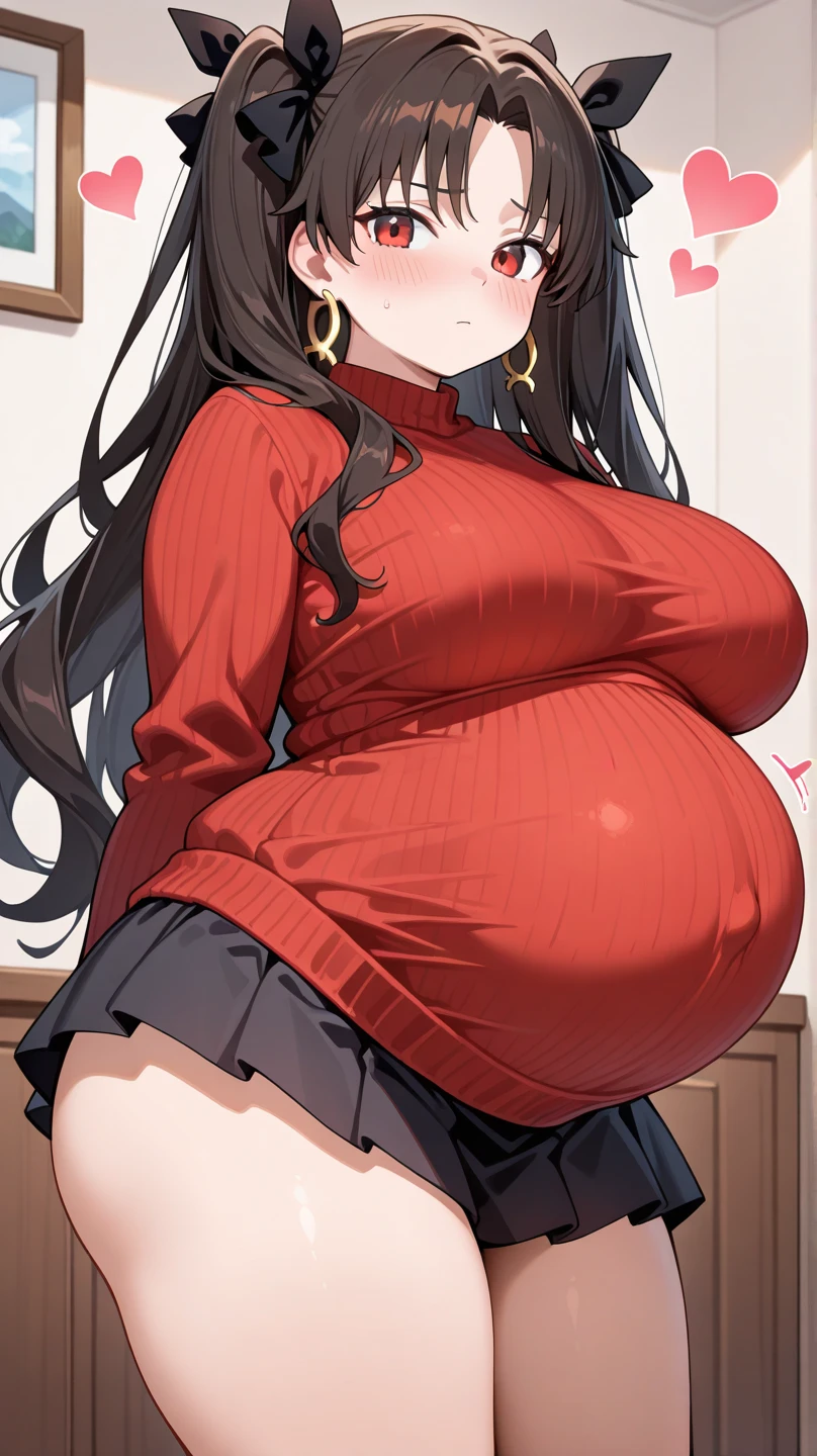 Fat, chubby, large belly, pregnant, obese, very fat, beidou, big belly, very fat, large stomach, chubby (best quality, masterpiece), thanksgiving, wearing sweater, grabbing belly, standing up, table with of food, table tons of food, lots of food, holding belly, table with food, standing, drinking beer