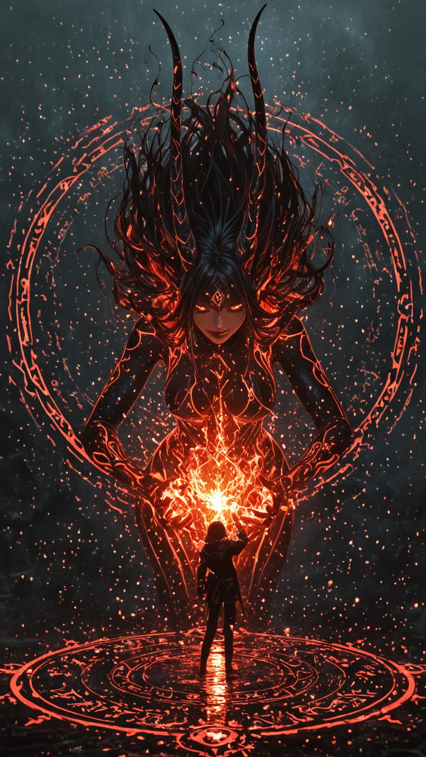 a close up of a person with a glowing face and body, glowing red veins, fractal veins. cyborg, red glowing veins, glowing veins, bright glowing veins, human glowing, tomasz alen kopera and cgsociety, melted cyborg, inspired by Mike Winkelmann, woman made of black flames, digital art 4k unsettling, detailed glowing head