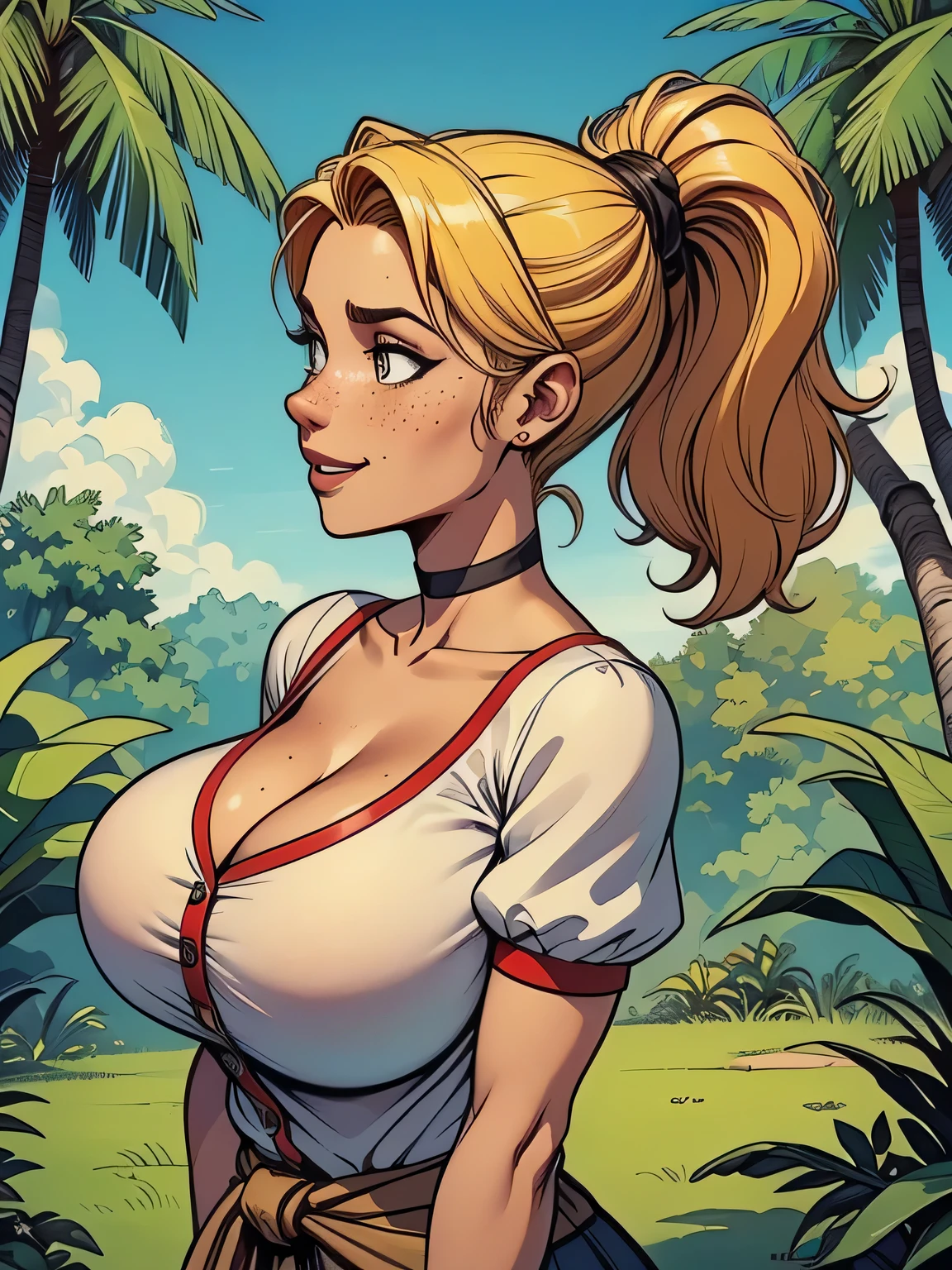 photorealistic,realistic, solo, photorealistic, best quality, ultra high res, 1girl,, , blonde hair in a ponytail, wearing a yellow sundress, breeze blowing through the grass,, , 1girl,, beautiful, masterpiece, best quality, extremely detailed face, perfect lighting, 1girl, solo,, , best quality, ultra high res, photorealistic,, ultra detailed,, masterpiece, best quality, , nancy1, large breasts, cleavage,, breast curtains, ,