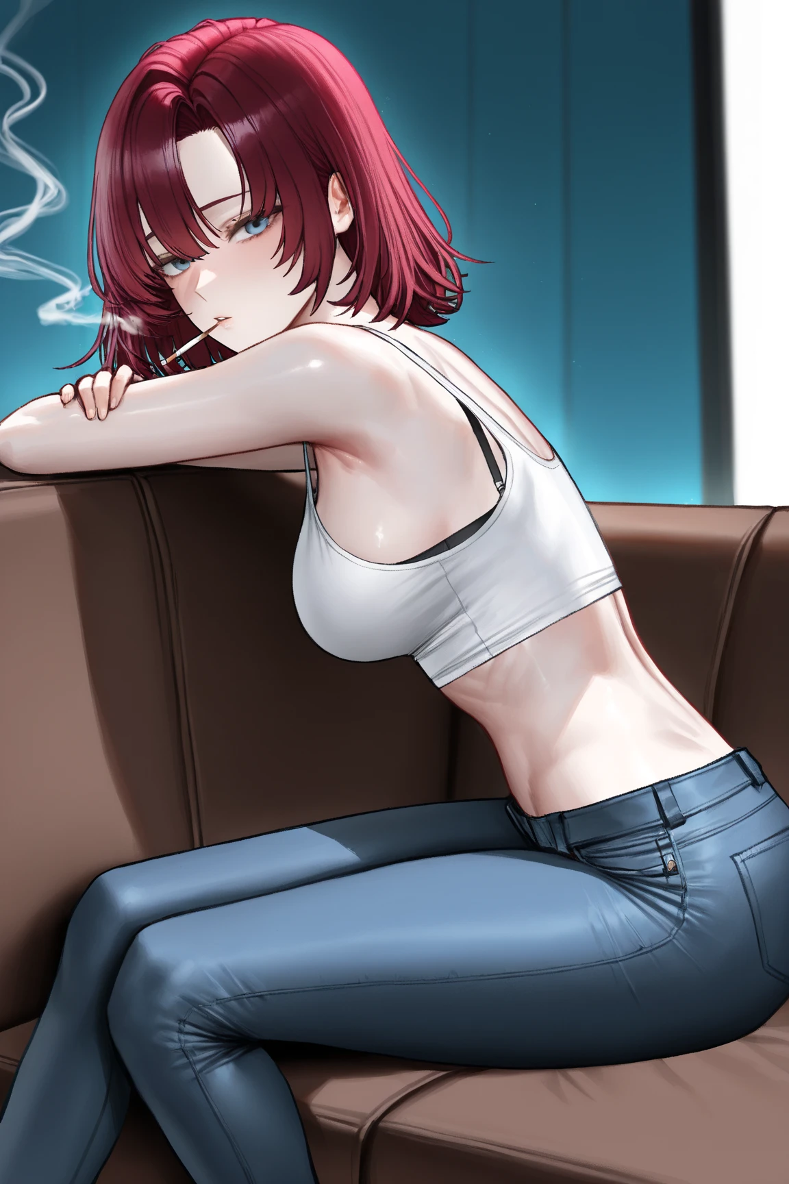 una joven de 20 años sitting en el armchair de su casa tiene calor, 1 girl, medium breasts, Brown leather, Alone, black fur, updo hair, red sleeveless shirt, unbuttoned black shorts, unbuckled belt, view of underwear, sighing, hand on chest, sitting, armchair, sitting en el armchair, barefoot, sweat