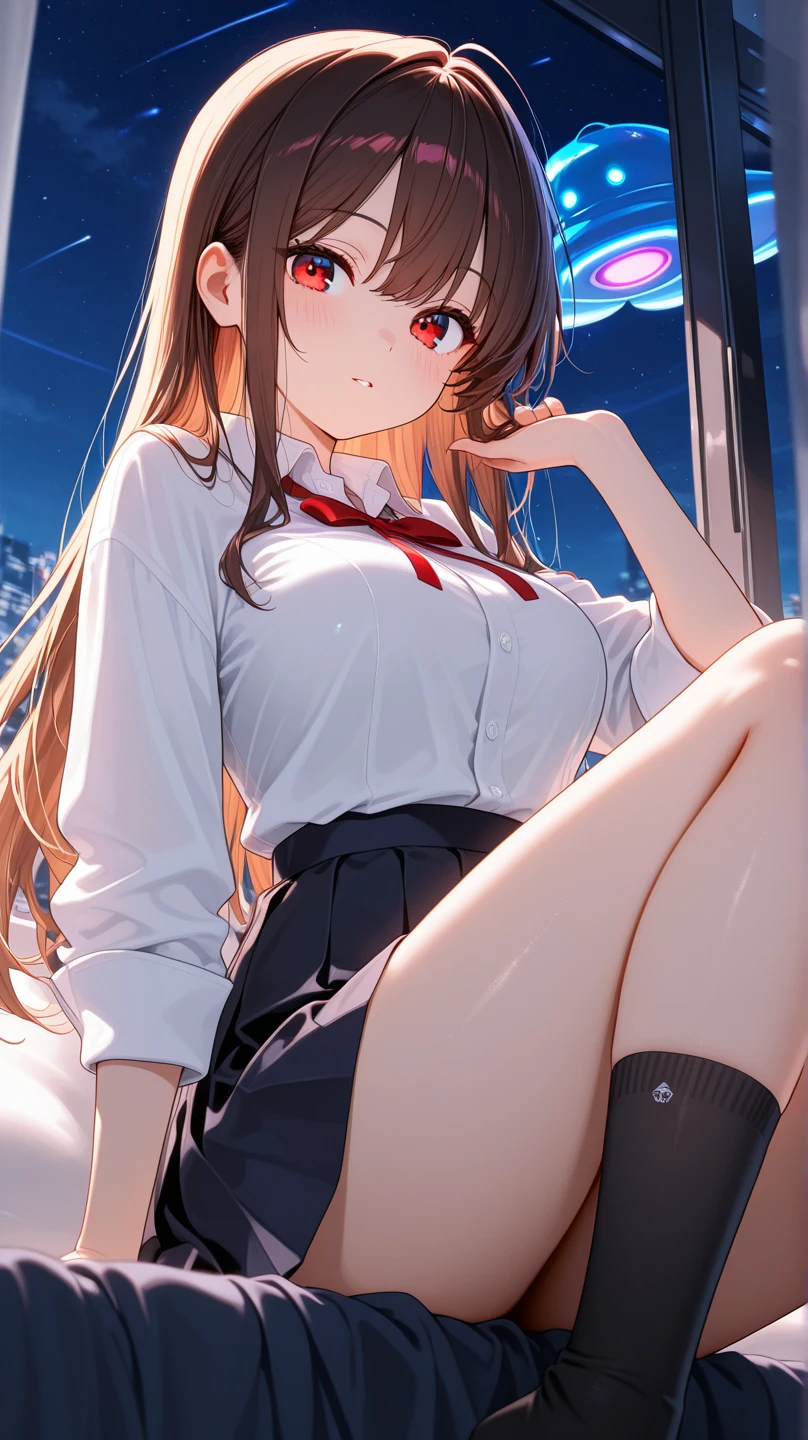 Dog 1、Woman 1、Red miniature dachshund、Red miniature dachshund long hair、dog&#39;color is red、woman with very long black hair、Busty women、Spectacular views、Night Scene、The view from the top of the hill、Full moon night sky、swirling starry sky、８K、Best Quality、詳しいdogの顔、The woman is facing the opposite direction、Ria、I can't see a woman's face、The whole body is in the photo、Like the night view of Tokyo、The woman is wearing a miniskirt and her crotch is visible.、Pantyhose legs