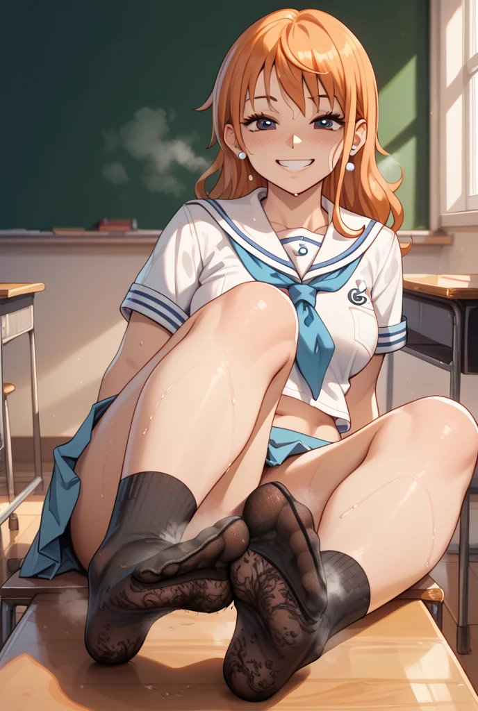 score_9, score_8_superior, score_7_superior,Source Anime,  break, One girl,rain_sumika , classroom, front,Captivating smile, Black Bra,Lace fabric,Large Breasts,Black knee socks,Feet forward,Footjob,Trampling on a man&#39;s genitals,Looking at this,
 