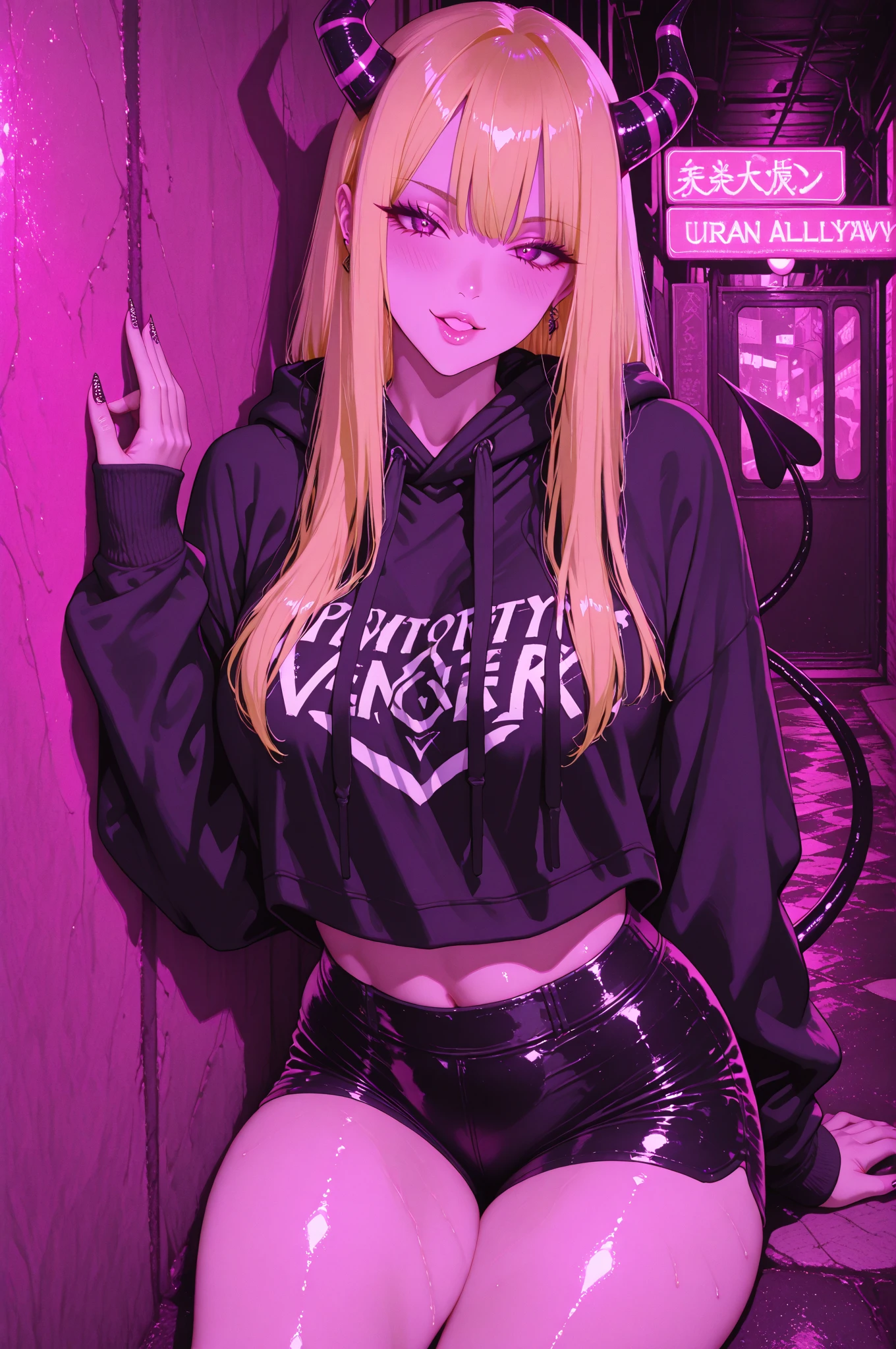 1girl, amane misa, death note, gothic lolita dress,dress over hoodie, Black heart necklace, skull earrings,fishnet tights,cleavage,katyusha,neon light,small bedroom, prostitute,masterpiece, best quality, absurdres,