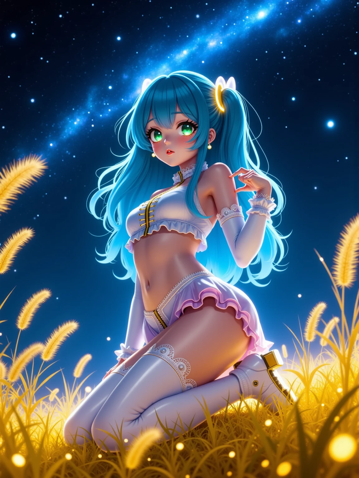 (((solo,1woman, mature, alone))), gwen \(league of legends\), ((blue hair, twin drills, glowing blue eyes, wide eyes, makeup, narrow waist, skinny, medium breasts)), pelvic curtain, ((black panties, black bra)), full body, perfect body, (insanely detailed, beautiful detailed face, masterpiece, best quality), (extremely detailed 8k paper CG wall unit: 1.1), (florest scenery, plant, field, night, color, yellow, red, cloudy sky)), (smile face for the viewer), cameltoe