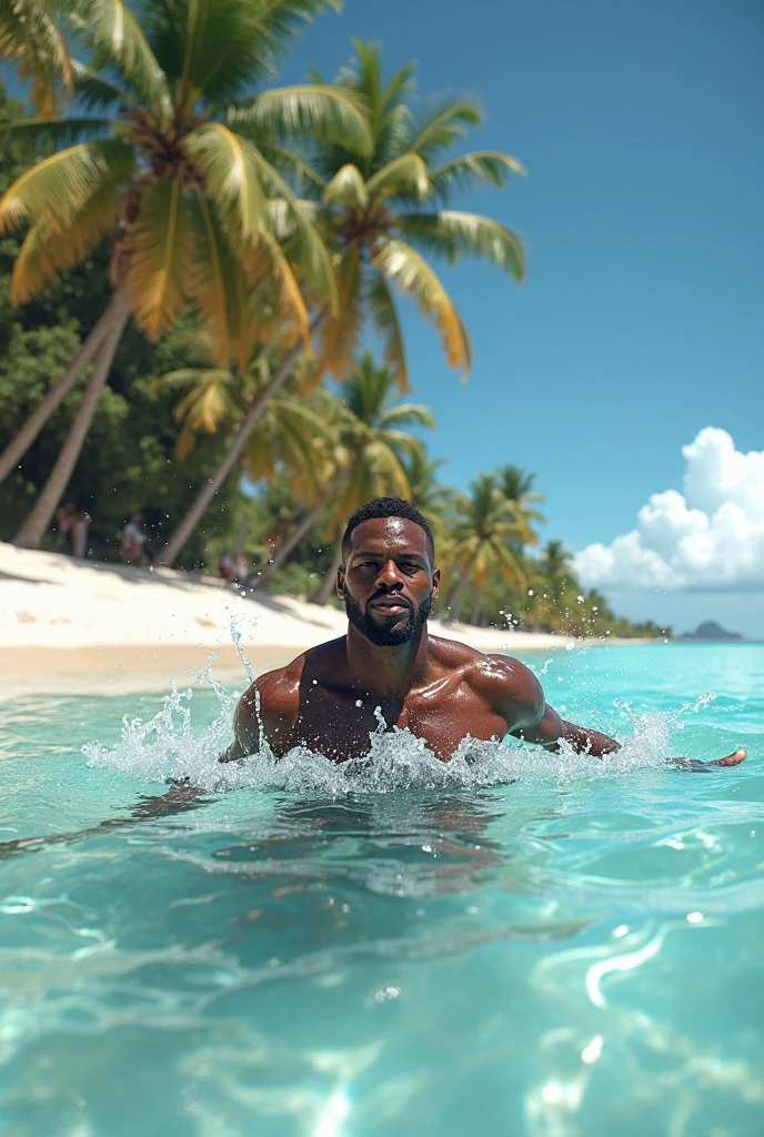 Black muscular hunk fuck young man inside of swimming pool