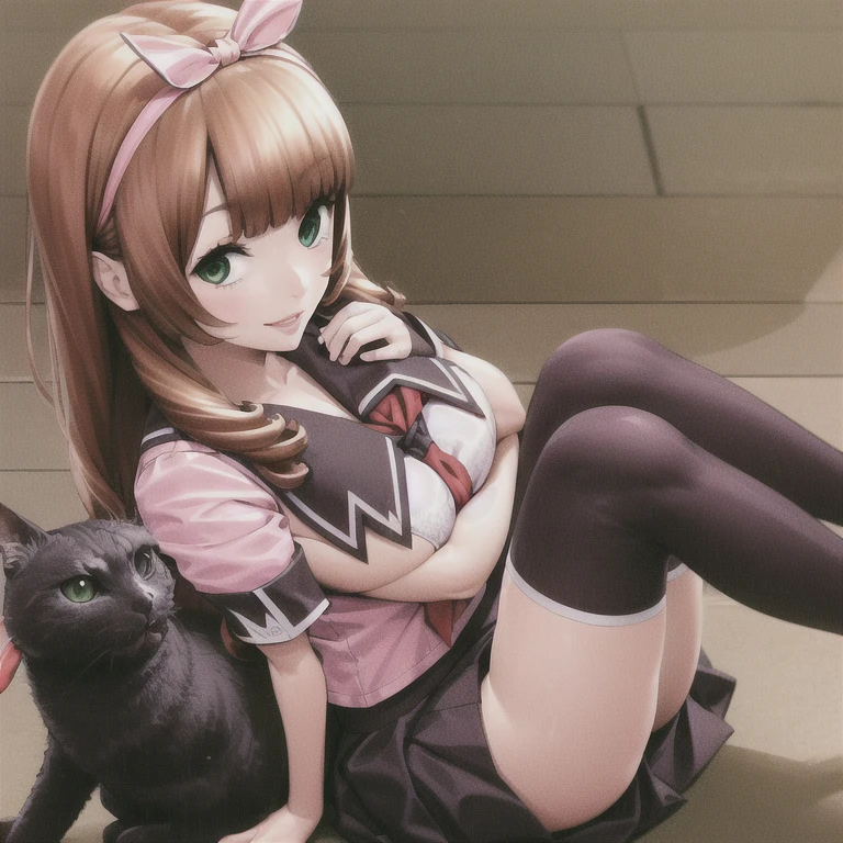 Minami Yume, <lora:ssssDYNAZENONMinami_minamiYumeV1:0.6>, (blush:1), (colorful dress:1.22), floral print, breasts, dynamic angle, dynamic pose, intricate details, two cat ears, lying, cat tail, bare shoulder, black skirt, hairpin, cleavage, double_bun, earrings, fishnet_legwear, fishnets, hair_bun