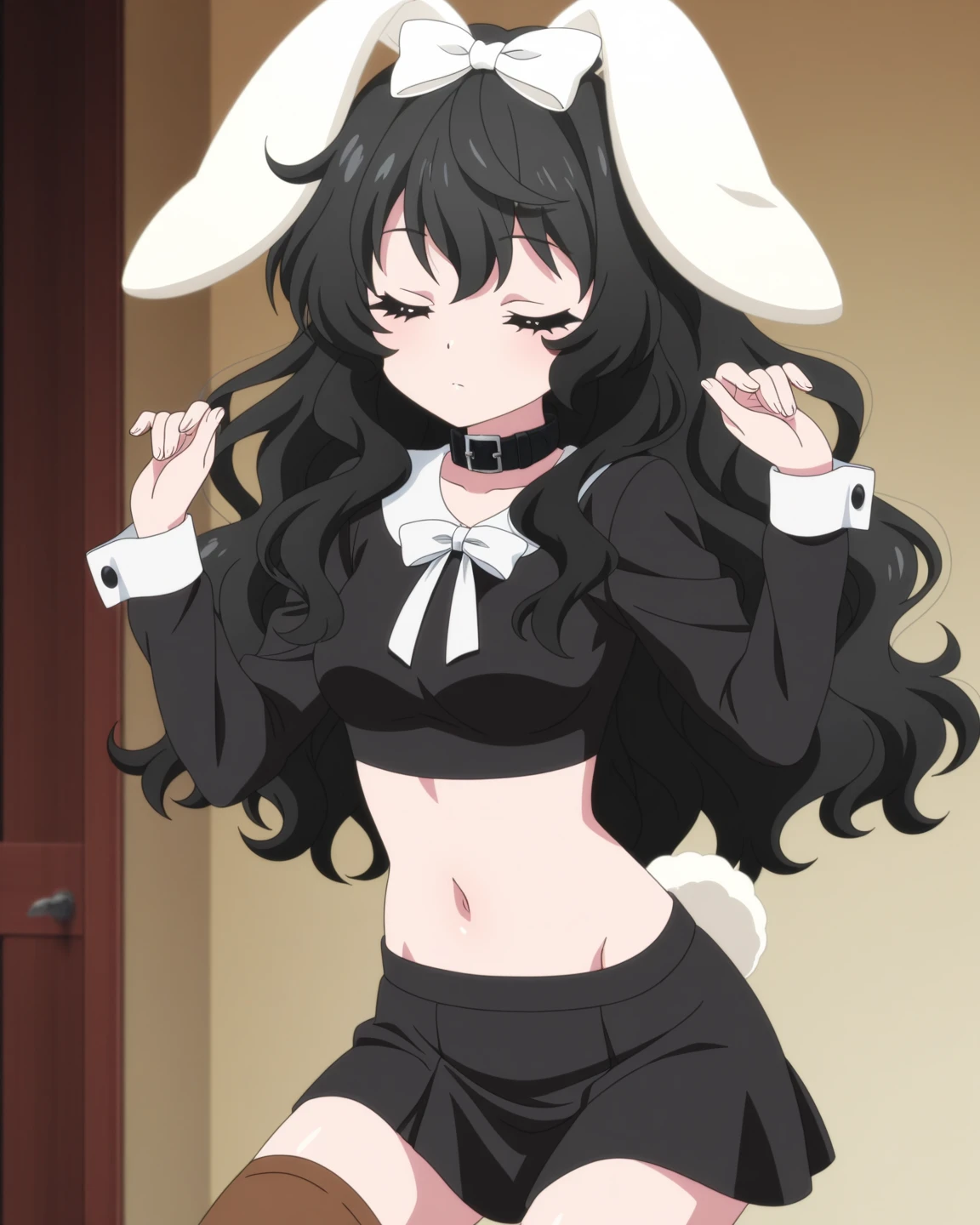 directly in front,Full body standing picture,Vtubar,Bear ears,A black,Long hair,light skinned,huge tit,Moe Sleeves,knit,Solid black background,No cut-off