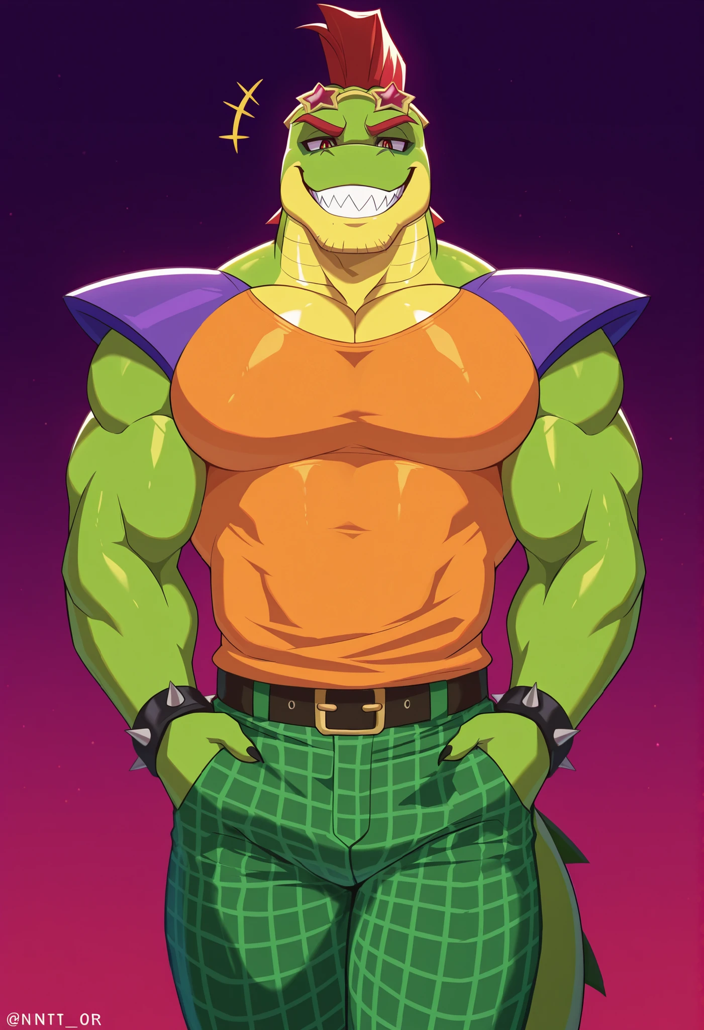 Muscular green and yellow crocodile, pollen, Sunglasses, white shirt with straps