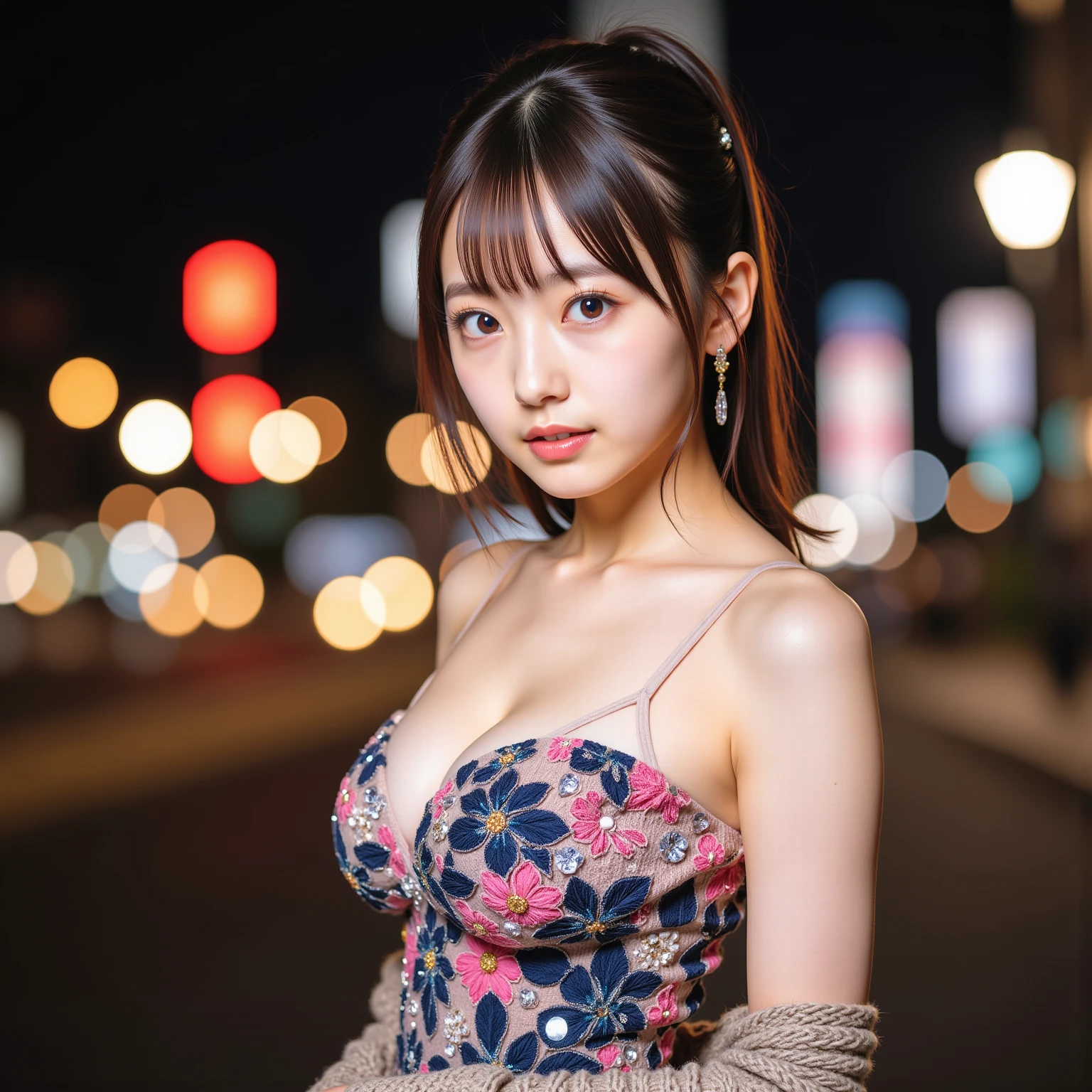 1girl, Tokyo street,night, cityscape,city lights, upper body,close-up, 8k, RAW photo, best quality, masterpiece,realistic, photo-realistic,headgear of red rose, parted bangs, medium hair,