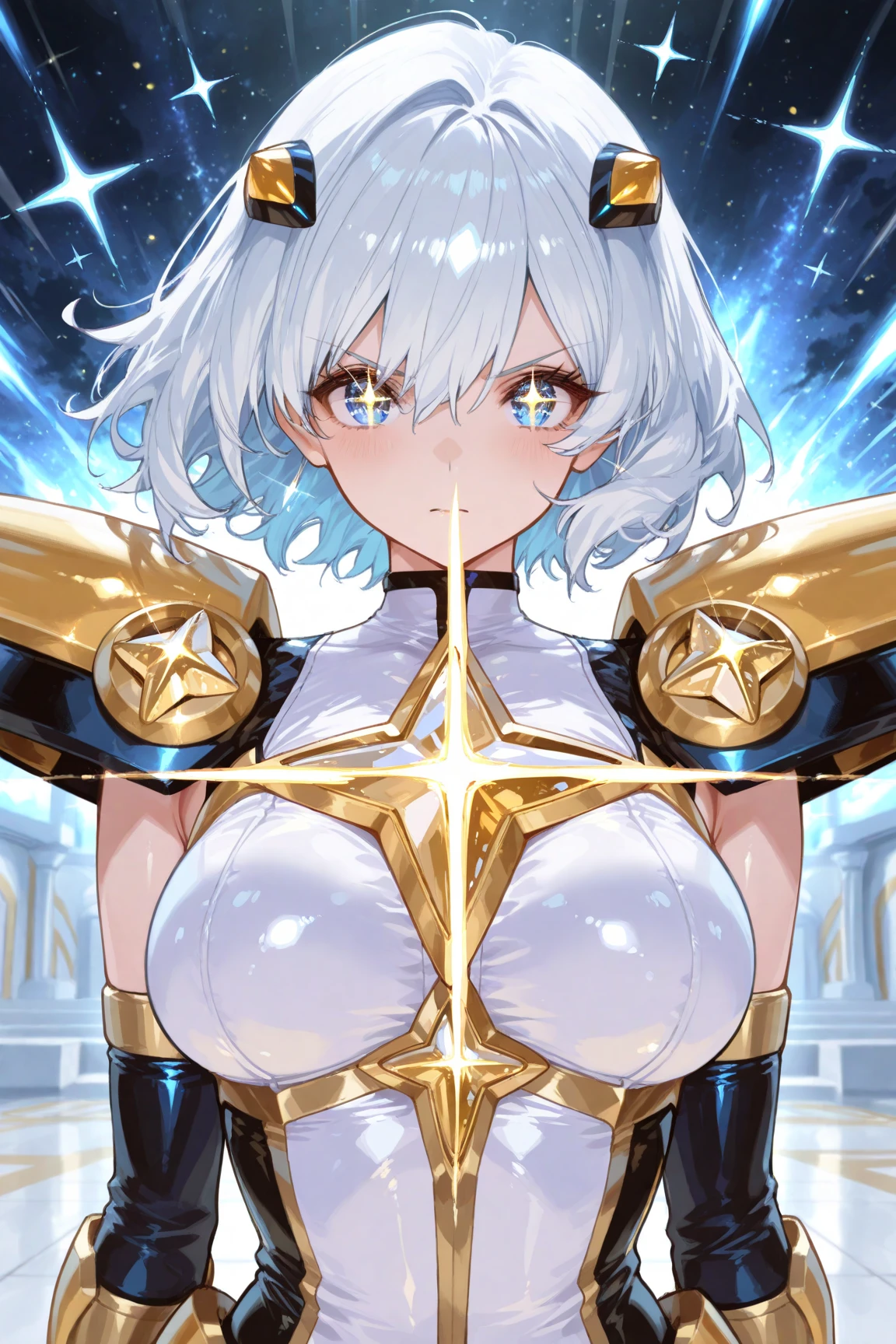 ((masterpiece)), (Highest quality), Official Art, Highly detailed CG, unity 8k wallpaper, Super detailed,
One person, (Striped Hair, Messy Hair, Big Hair), (Expressive hair), blue eyes, Expressionless, (Big Breasts:1.4),(((Nipples)))
Edge elegant, wearing Edge elegant, Epaulettes, Upper Body,
Whispering void, Buzzing reverberation, hidden passage, Abode of ancient spirits,