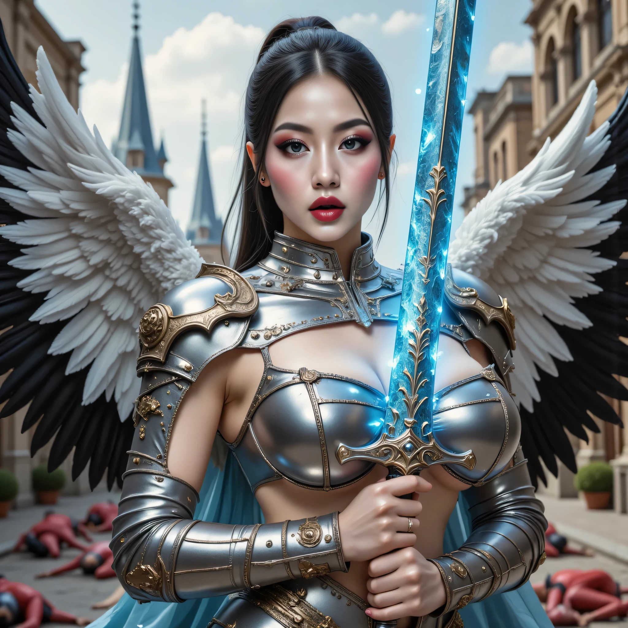((best quality, masterpiece, realistic photograph, life-like realism)), (((photo of an ancient powerful sword with a blue chrome blade, the sword has magical white runes pulse with a powerful glowing white aura))), wielded by 18year fantasy Asian ANGEL female tall thin slim skinny muscular supermodel, (((((one of her gigantic white feather angel wings is perfect, the other wing is torn and injured))))), glossblack hair, top ponytail, wind, windy, regal elegant reflective chrome steel battle tiara, pale albino skin, Medieval chrome steel heavy plate armor of the guardian, worn battle-stained armor, black rivets, gold etching, heavy makeup, goth, gothic, blackout eyeshadow, vivid bright red lips, large iceblue eyes, head tilted upward, her armor has keyhole cutouts underboob, dynamic warrior combat pose, serious, background bokeh white marble mystical heavenly castle courtyard, faraway castle tower spires, faraway red-skinned devils lie defeated on the street
