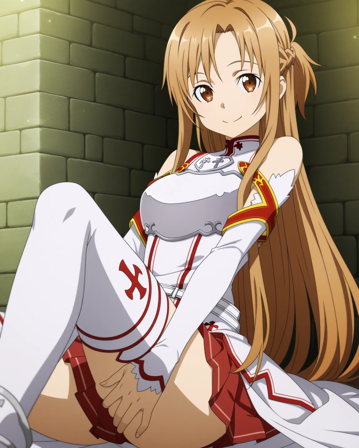 Asuna, Anime art style, 1 Girl, alone,Big Breasts、Yellow headband , Asuna, Anime art style, 1 Girl, alone ヌード、((My whole body is sweating))、Spread your legs、spread pussy with hands