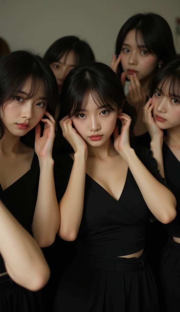 Close-up shot of three Korean beauties with seductive expressions。This scene is intense and dramatic..、Strobe lighting and powerful backlighting create high-contrast visuals。Women'The face is highlighted、It expresses an intense and captivating gaze..。」