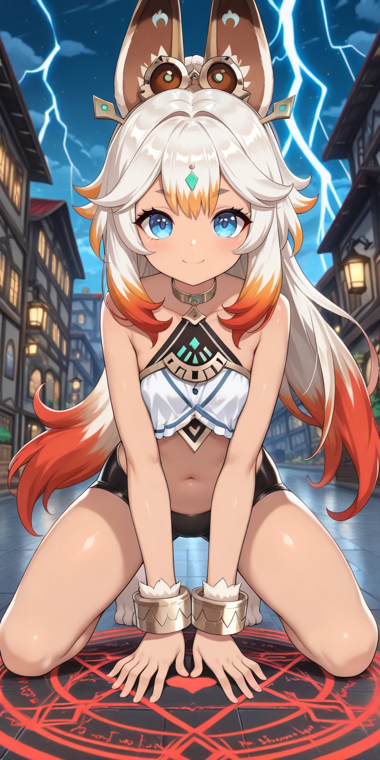 1girll, nur, (sexy, gorgeous woman, Perfektes Gesicht, Schmale Taille, perfekt, Brust, Straffe Bauchmuskeln, muscular quads, arched back, Perfekte Augen). Ahri aus League of Legends, Pferdegeschirr, Riemchen-Dessous, Brust von Dessous gequetscht, 9 tails, (Realismus 1.3