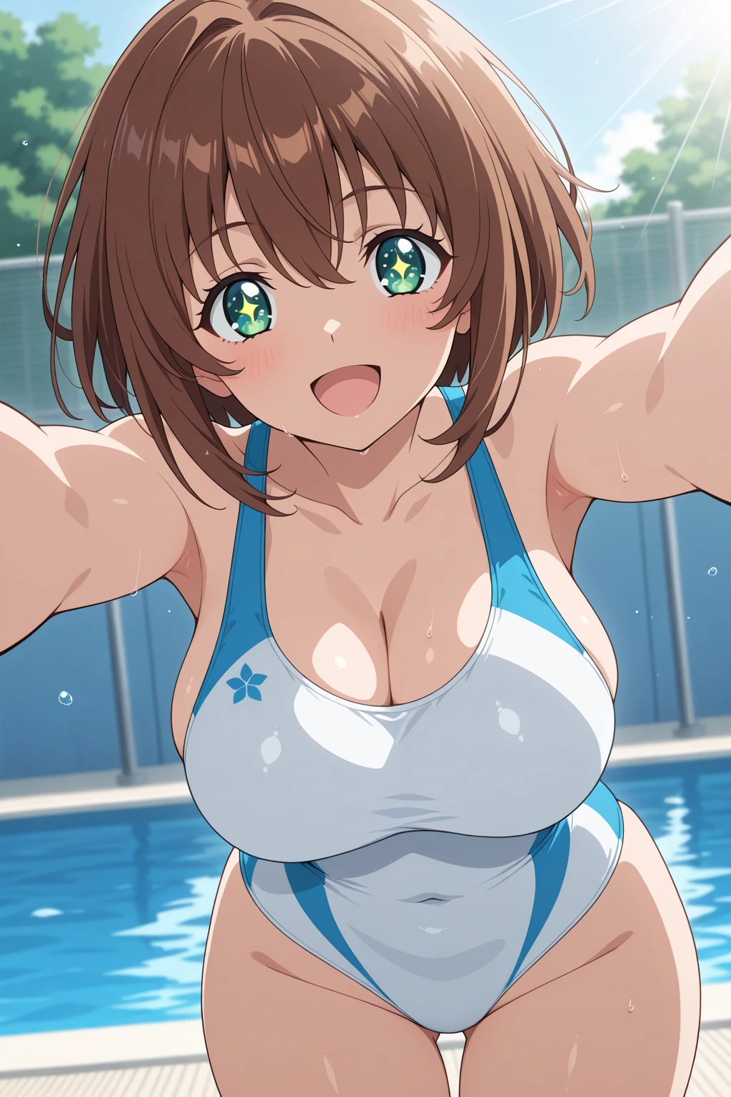 Ultra High Quality, super high precision, ultra high detail, Super cute swimmer, Come-from-behind victory, Cleavage of, Competitive swimsuit, Competition pool, Blurry audience, blessings