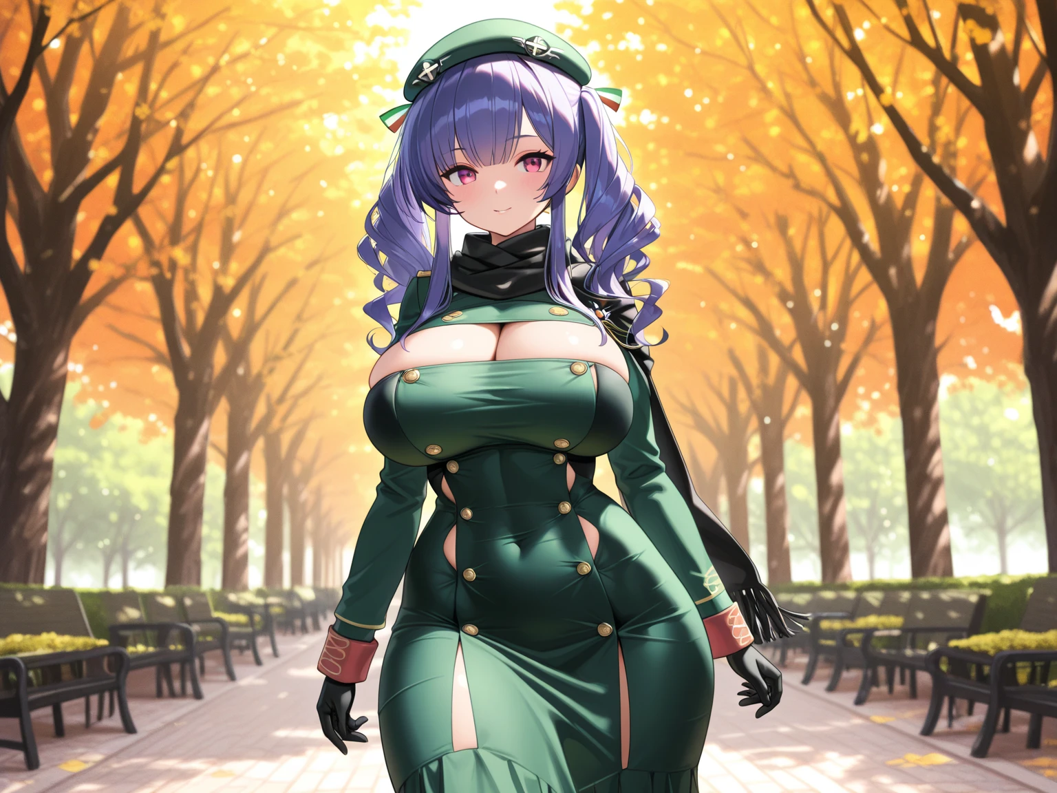 Young female, giantess (15ft 6in height), curvy body, DDD size breasts, dark green hair in two high buns, light blue eyes with designs, beautiful, vertical labret piercing, wearing comfortable cottagecore stle clothes.