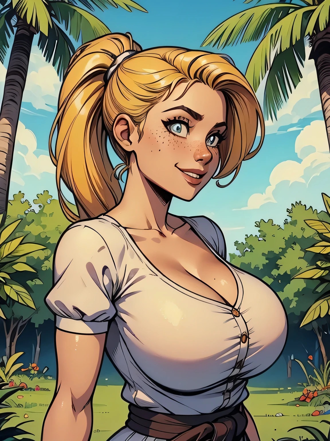 one girl, messy blonde hair, green eyes, big nose, thin lips, yellow tank top, large breast, cleavage, detailed, masterpiece