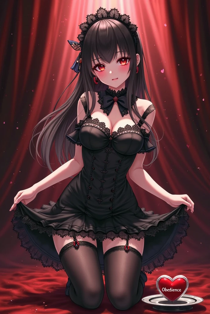 Masterpiece, 4K, HD, woman wearing black fabric garter with frilled red embroidery, fabric strap, back view, lower body focus, woman smiling, blushing