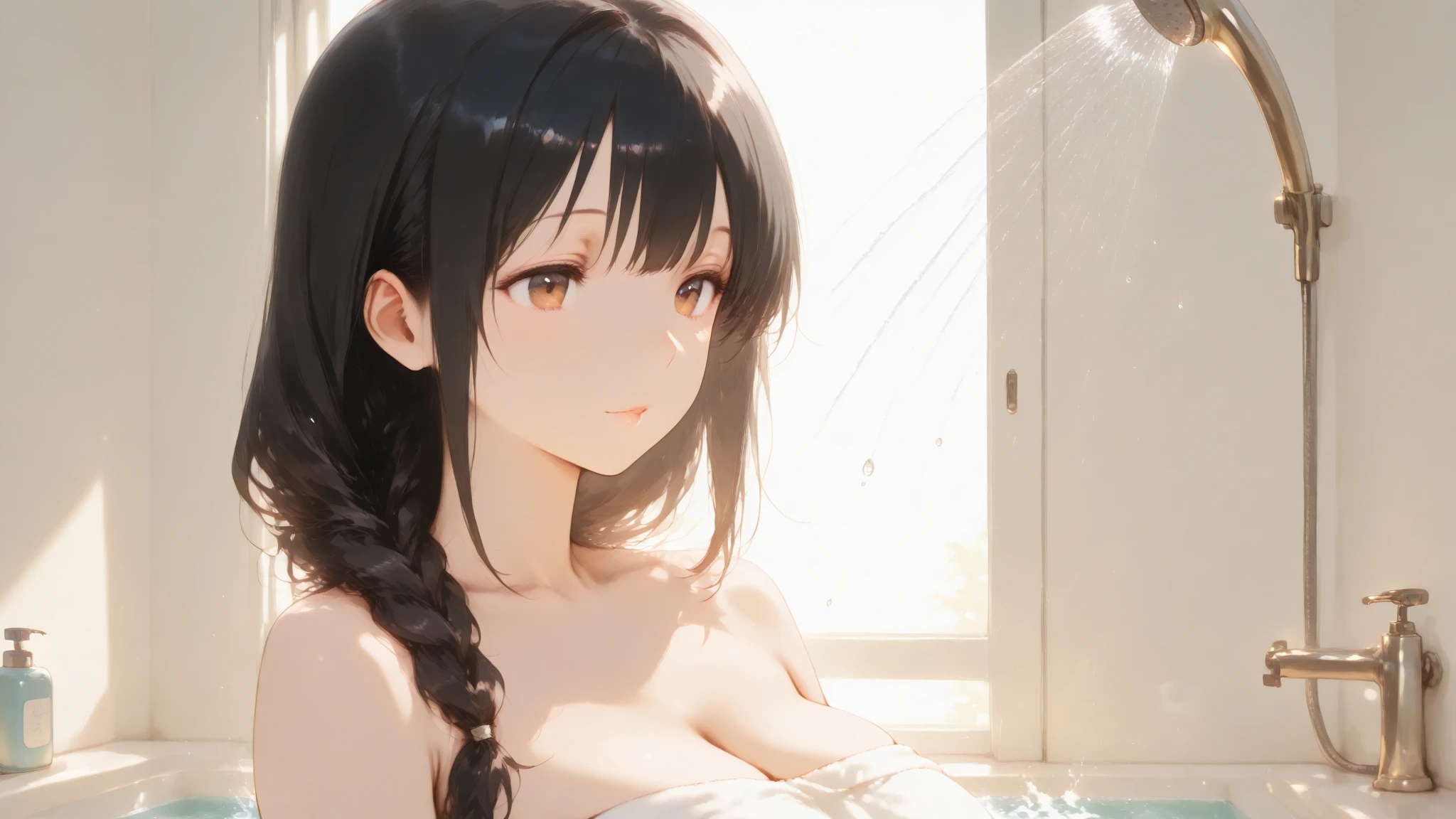 ((masterpiece,Highest quality:1.3,best quality illustration)), 独奏,1woman,(成熟したJapan人の美女)、black hair,long hair,blunt bangs,black eyes,gorgeous eyes,((very small head:1.3)),blush,relax,((very long body:1.2)),medium breasts,(tan skin:1.4), (gleaming skin,toned body,slender body, skinny),(naked,bathing),hot spring、Japan、nsfw,