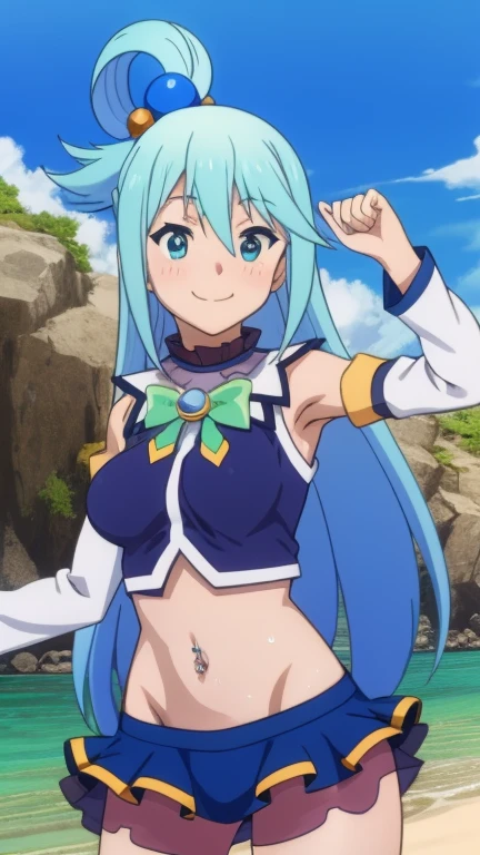 ,anime screencap,anime coloring,
1girl, long hair, solo, blue hair, blue eyes, open mouth, tight bra and panties, thighhighs, hair rings, sky, clenched hands, day, hair ornament, cloud, breasts, bow, blue sky, grass, green bow, bare shoulders