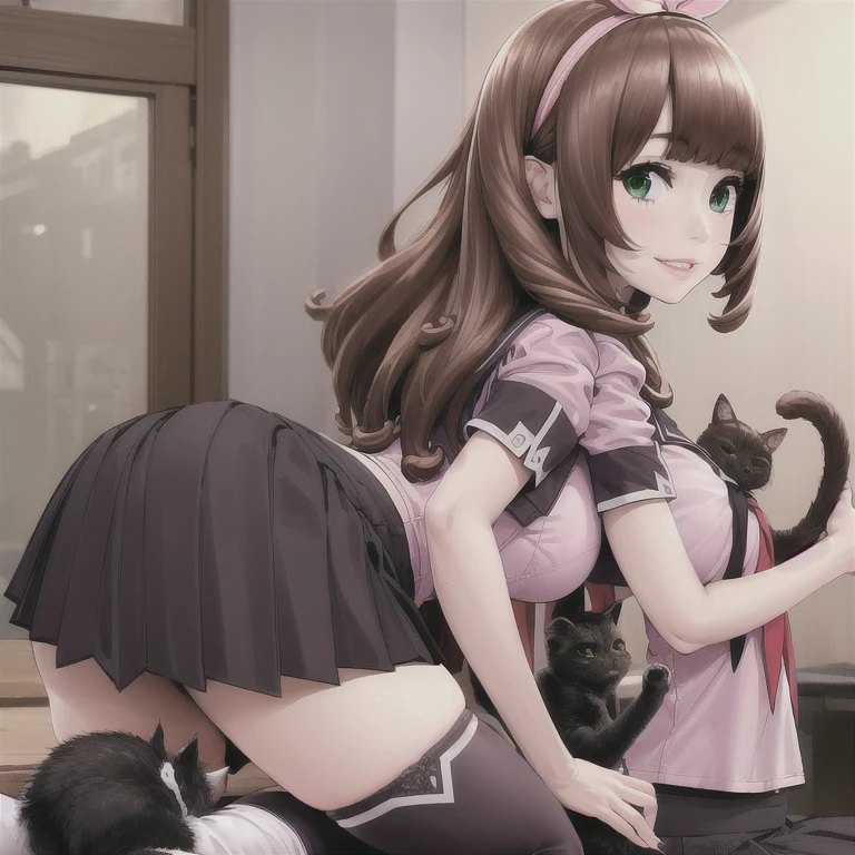 Meisterwerk, (realistisch), high-res, hochdetailliert, kompliziert, Beautiful women, rote Haare, blaue Augen, Sommersprossen, detailliertes Gesicht, flipped skirt, from behind, looking at viewer, showing ass, smile, cat girl, cat ears, cat tail, in cafe, pink panties, big ass, maid outfit,