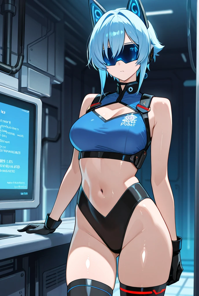 1girl, blue hair, huge breasts, bunny ears, rabbit ears, wide hips, blue eyes, short hair, very short hair, science-fiction, tech, futuristic, machinery, full body, neon trim, bikini, black bikini, light smile, shoes, sneakers, blue trim, pixie cut, glowing eyes
