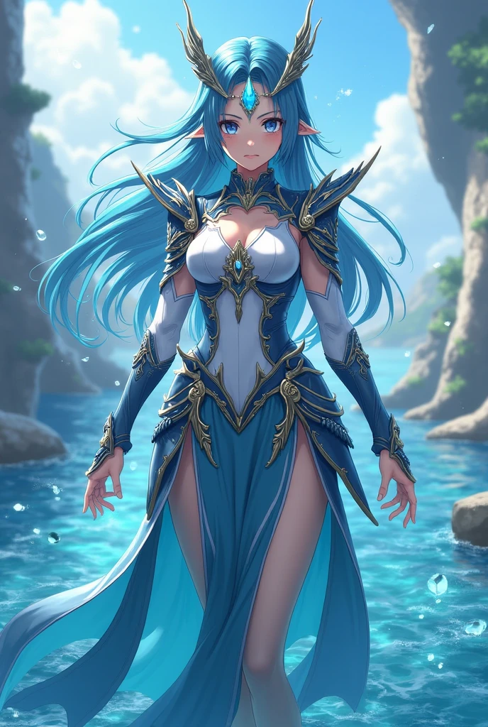 Female character of the elf race, com escamas azuis pelo corpo, dois chifres azul e preto, olhar vazio desanimado, cabelo branco, sem roupas somente as escamas, background scenery of a dungeon, foco na personagem, 2d art with anime features