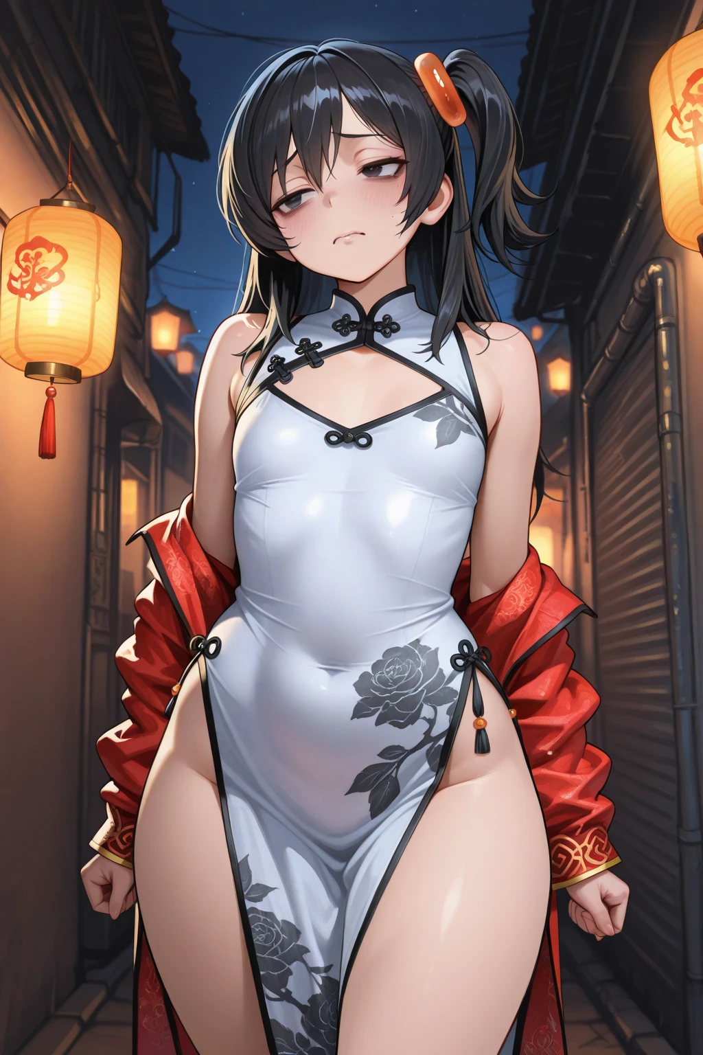 score_9, score_8_up, source_anime, solo, 1girl, dress, small breasts, young, aged down, ikuchan, black hair, black hair, oriental, Chinese dress, short dress, indoors, aftersex, cum drip, (impregnation risk), ovum, slender, young girl, pussy, ponytail, partially dressed, open dress, money,