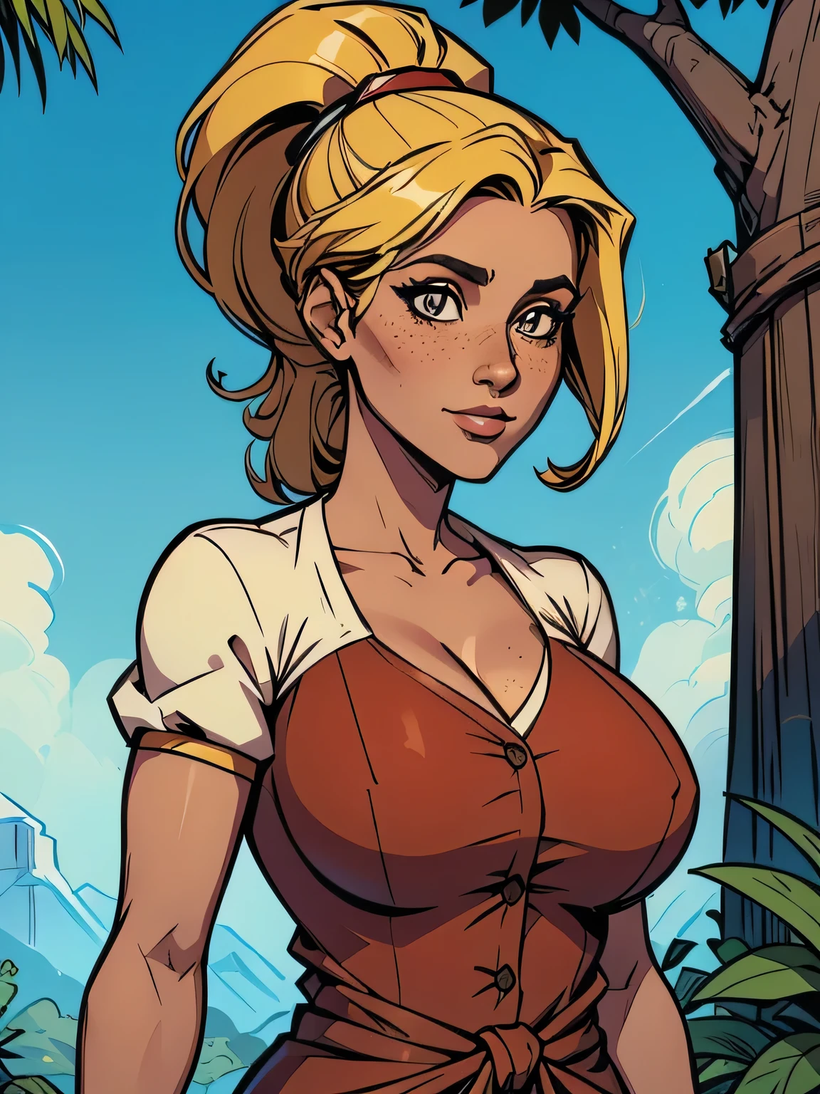 Thin woman, Elexis Sinclaire, beautiful smiling, beige medieval dress with v-neck, skin fair, long blonde hair with ponytail, blue colored eyes, busty, arms behind body. comic style.