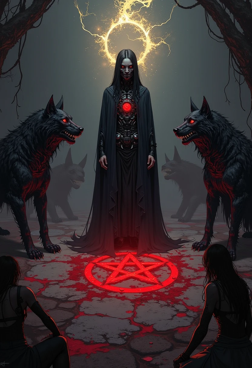 werewolf female , wearing (dark closed satanic cloak satanic trausers , pentagram necklance) , (sitting on ground), performing a ((dark sacrifice ritual)), hyper real, photo shoot, photography, highly detailed fur, fluffy fur, fur detail, realism, ray traced, global illumination, subsurface scattering, perfect lighting, detailed post destroyed apocalyptic city background, looking at viewer, atomic blast, flames, blood, horror smoke<lora:add_detail:1>