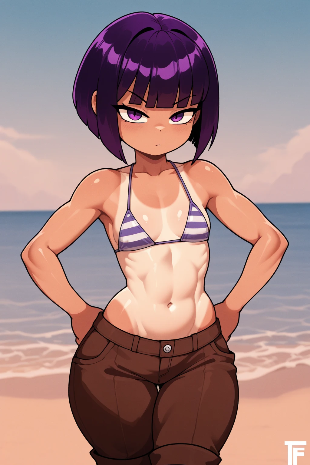 Videl , dragon ball, Short black hair, Medium height, small round breasts, only fitted bra, thin waist, medium rear, tight thong , sweating, little muscles,