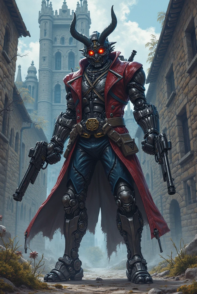Transformers anime-style image, of a demon hunter with possessed eyes who carries two guns to defend himself.  action scene .  It is in a village with a large stone building in the background, What could be a castle. In the different recesses there are small evil demons.