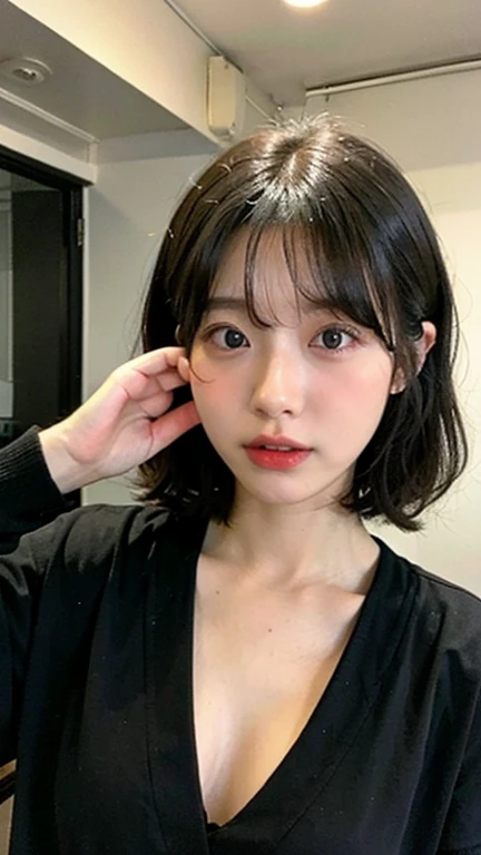 Highest quality, masterpiece, High resolution, 8K.A cute 20-year-old Japanese girl with a young face、Face close-up、Her blouse is completely unbuttoned、Nipples are visible、Small nipples、The areola is pale pink、Small breasts（:1.8）、Randomly change your hairstyle and hair color、blush with embarrassment、 all fours